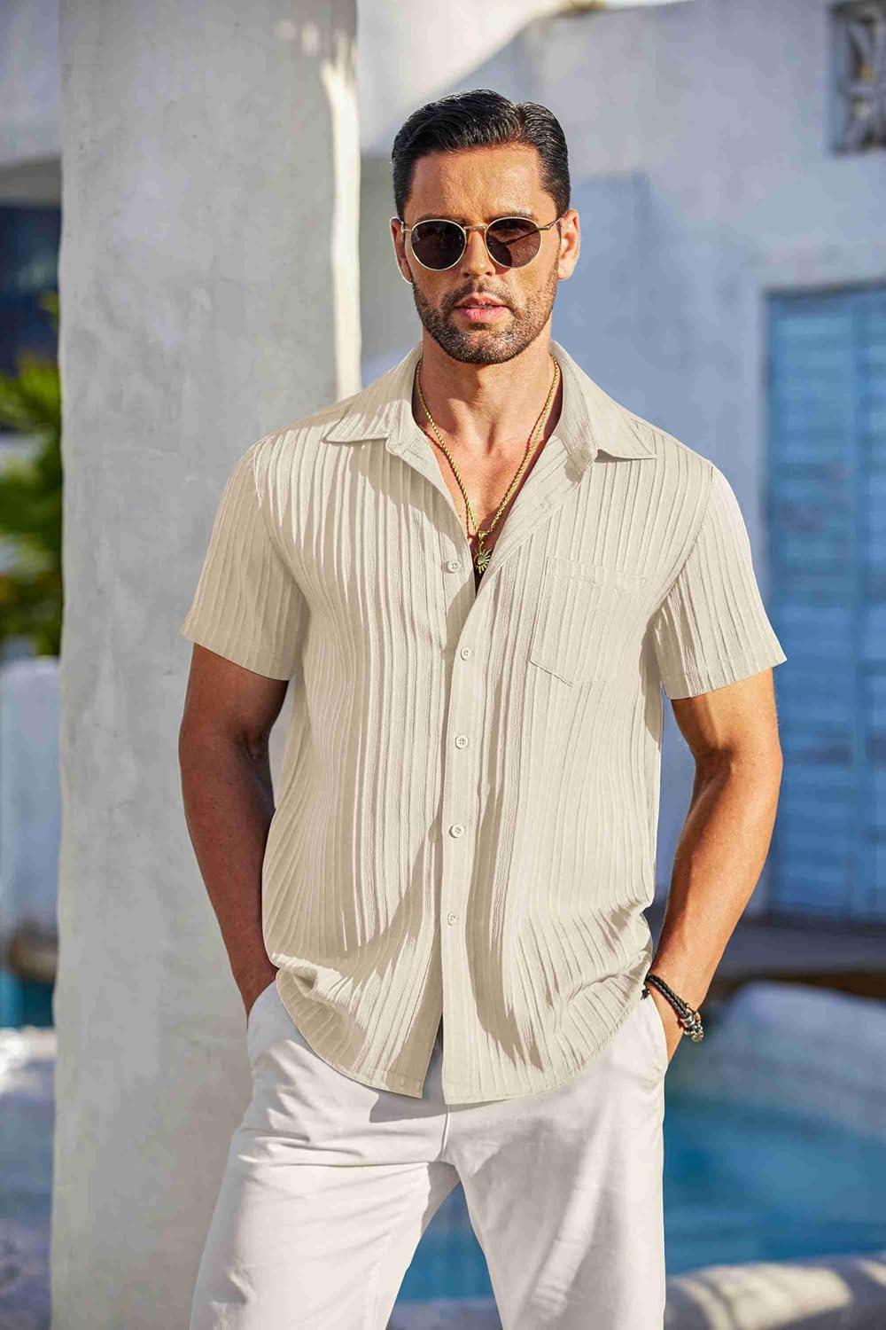 imageCOOFANDY Mens Casual Button Down Shirts Short Sleeve Textured Summer Beach Shirt with PocketBeige