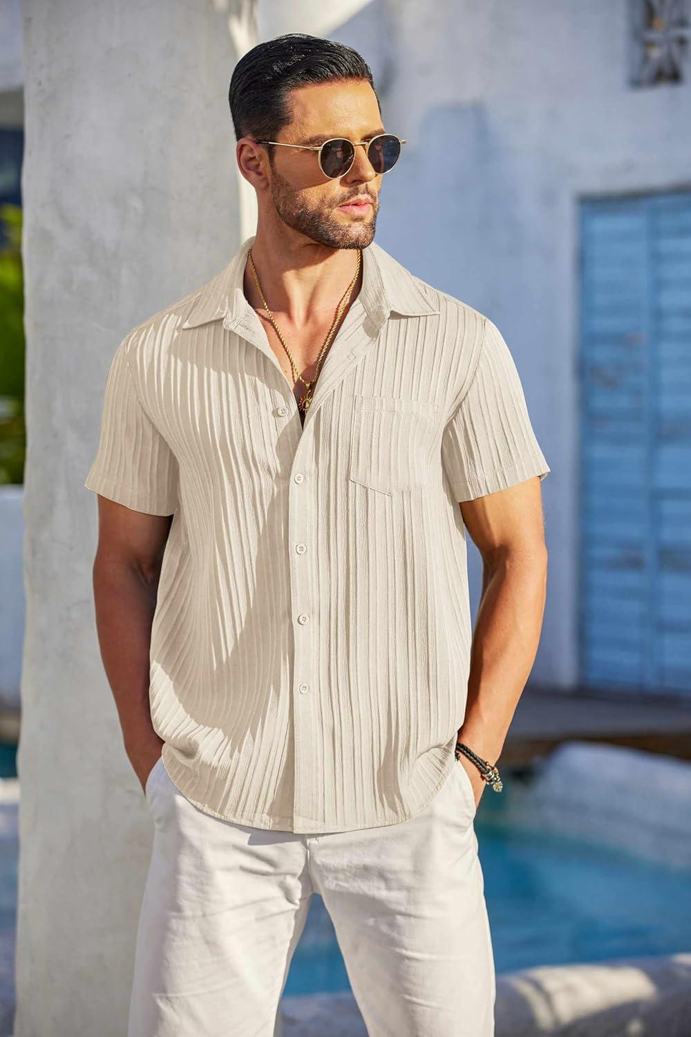 imageCOOFANDY Mens Casual Button Down Shirts Short Sleeve Textured Summer Beach Shirt with PocketBeige