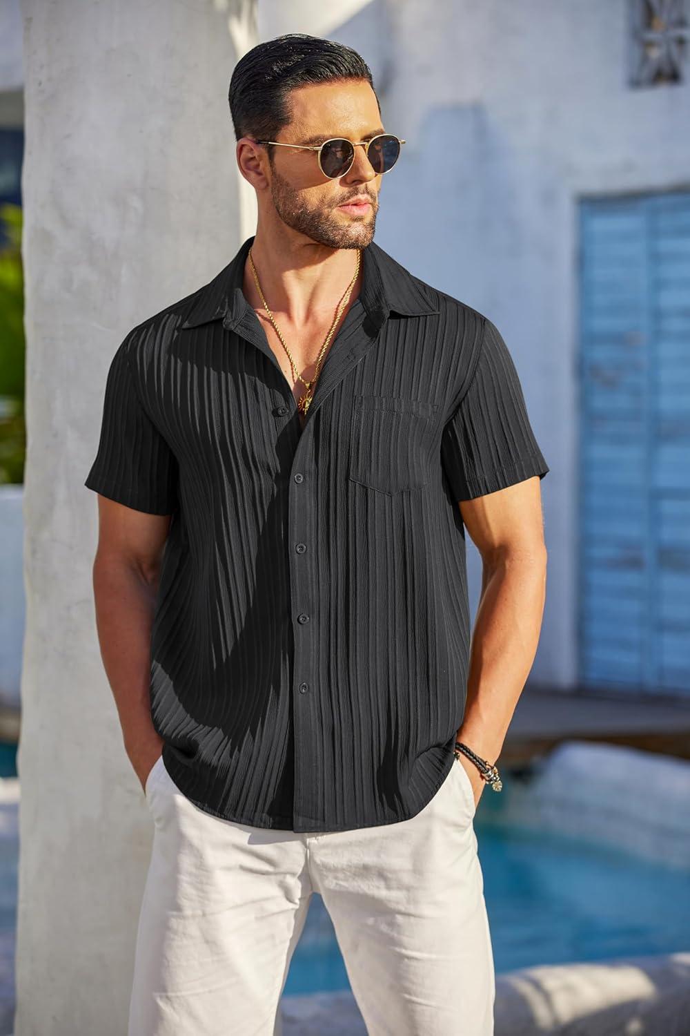 imageCOOFANDY Mens Casual Button Down Shirts Short Sleeve Textured Summer Beach Shirt with PocketBlack