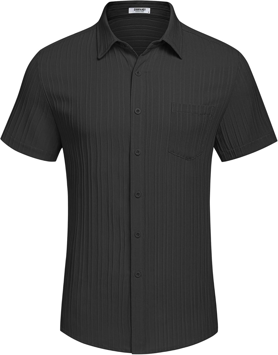 imageCOOFANDY Mens Casual Button Down Shirts Short Sleeve Textured Summer Beach Shirt with PocketBlack