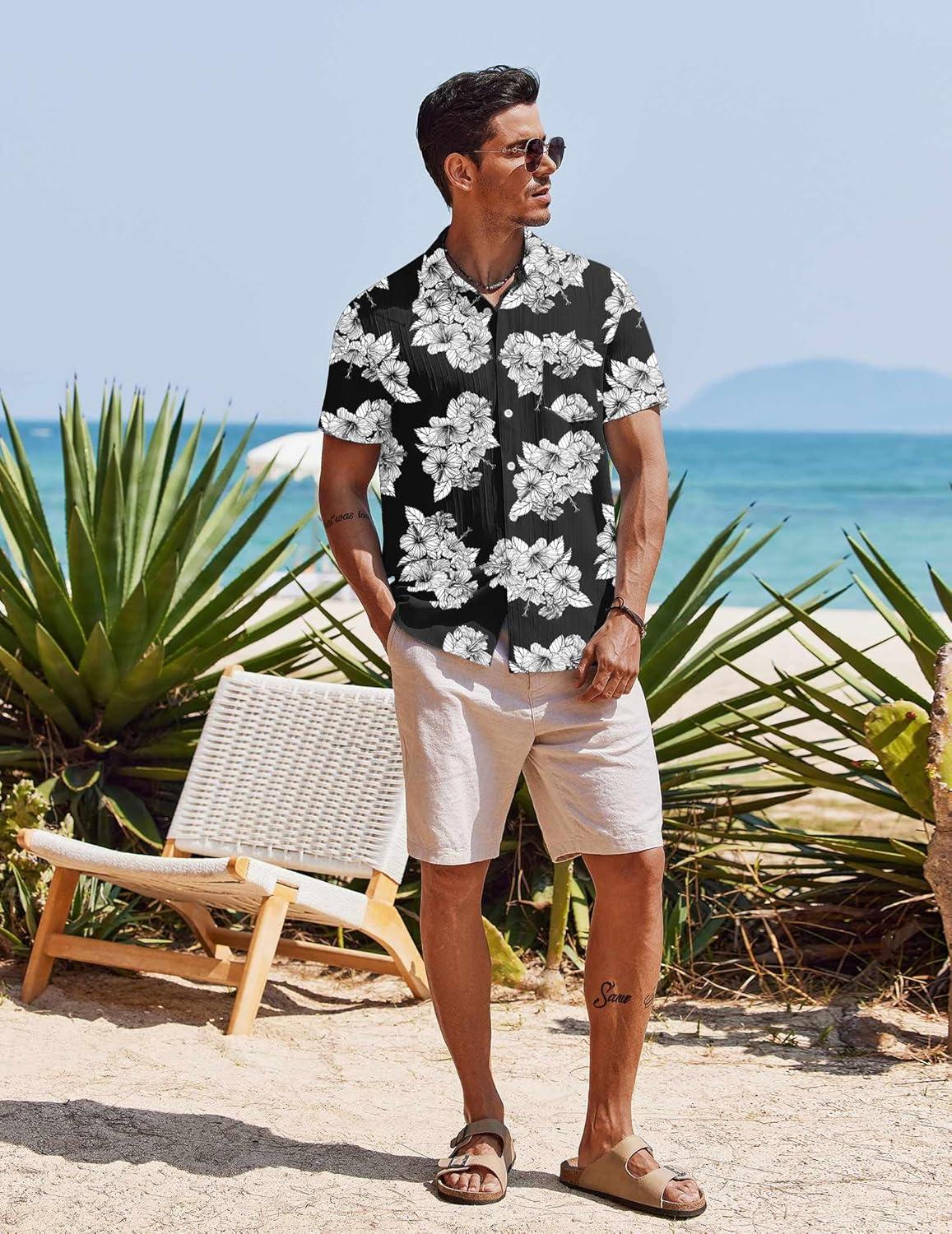 imageCOOFANDY Mens Casual Button Down Shirts Short Sleeve Textured Summer Beach Shirt with PocketBlackwhite Floral