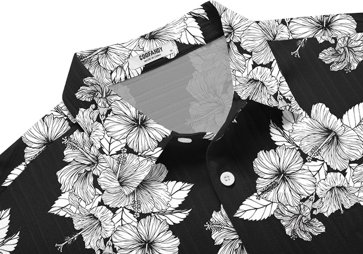 imageCOOFANDY Mens Casual Button Down Shirts Short Sleeve Textured Summer Beach Shirt with PocketBlackwhite Floral
