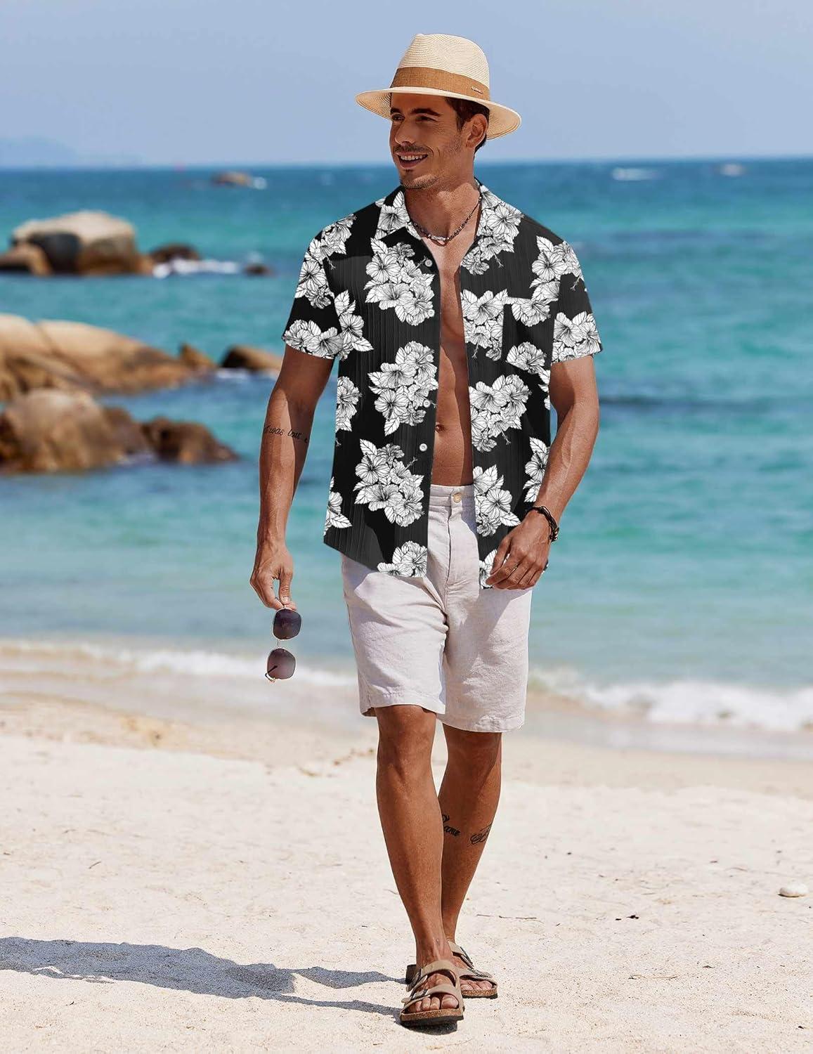 imageCOOFANDY Mens Casual Button Down Shirts Short Sleeve Textured Summer Beach Shirt with PocketBlackwhite Floral