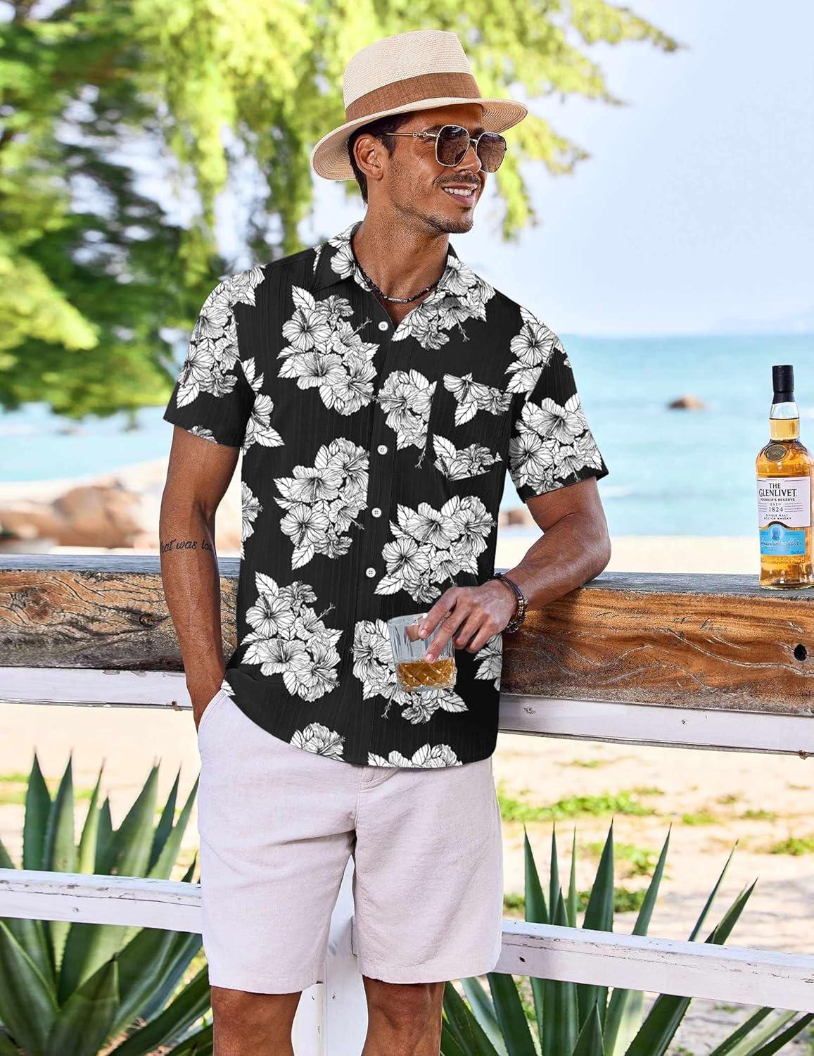 imageCOOFANDY Mens Casual Button Down Shirts Short Sleeve Textured Summer Beach Shirt with PocketBlackwhite Floral