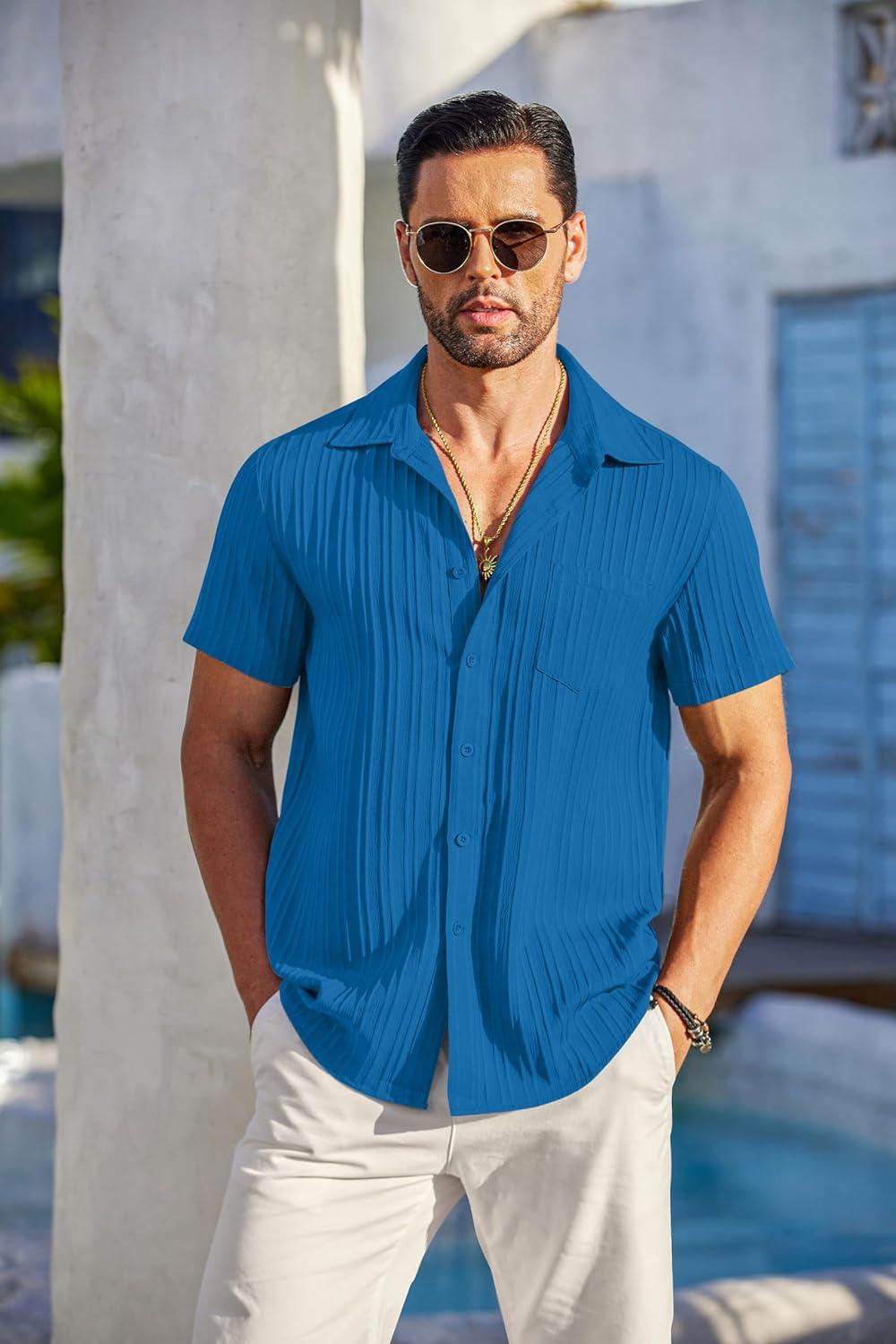 imageCOOFANDY Mens Casual Button Down Shirts Short Sleeve Textured Summer Beach Shirt with PocketBlue