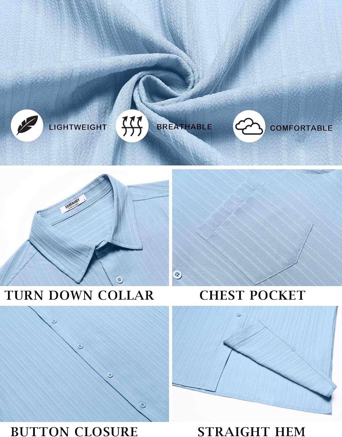 imageCOOFANDY Mens Casual Button Down Shirts Short Sleeve Textured Summer Beach Shirt with PocketClear Blue