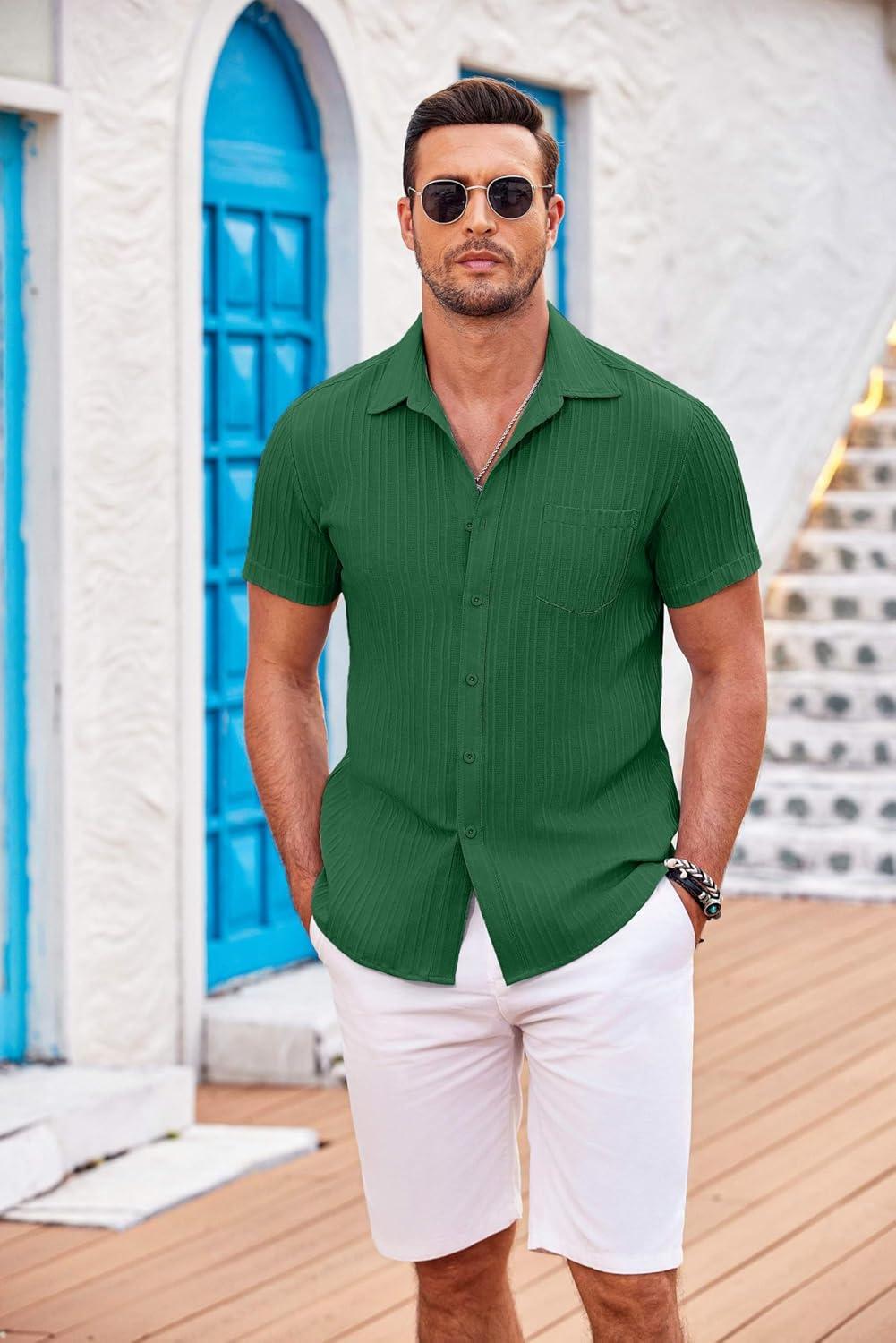 imageCOOFANDY Mens Casual Button Down Shirts Short Sleeve Textured Summer Beach Shirt with PocketDark Green
