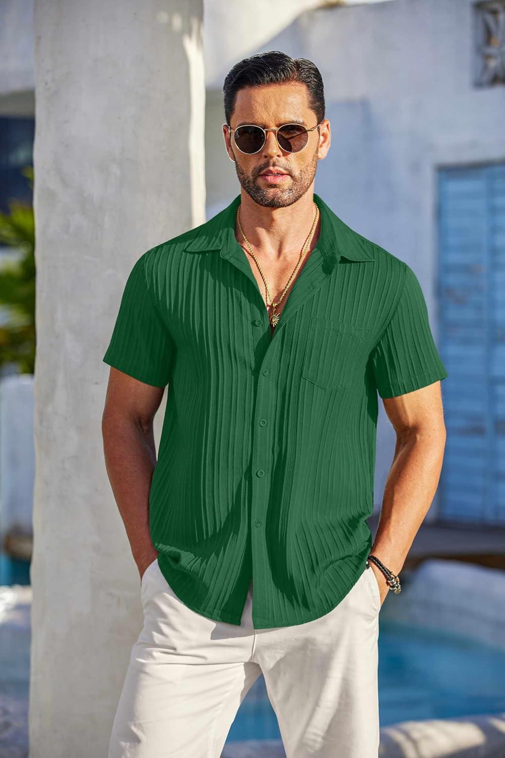imageCOOFANDY Mens Casual Button Down Shirts Short Sleeve Textured Summer Beach Shirt with PocketDark Green