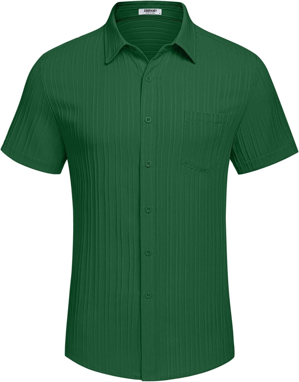 imageCOOFANDY Mens Casual Button Down Shirts Short Sleeve Textured Summer Beach Shirt with PocketDark Green
