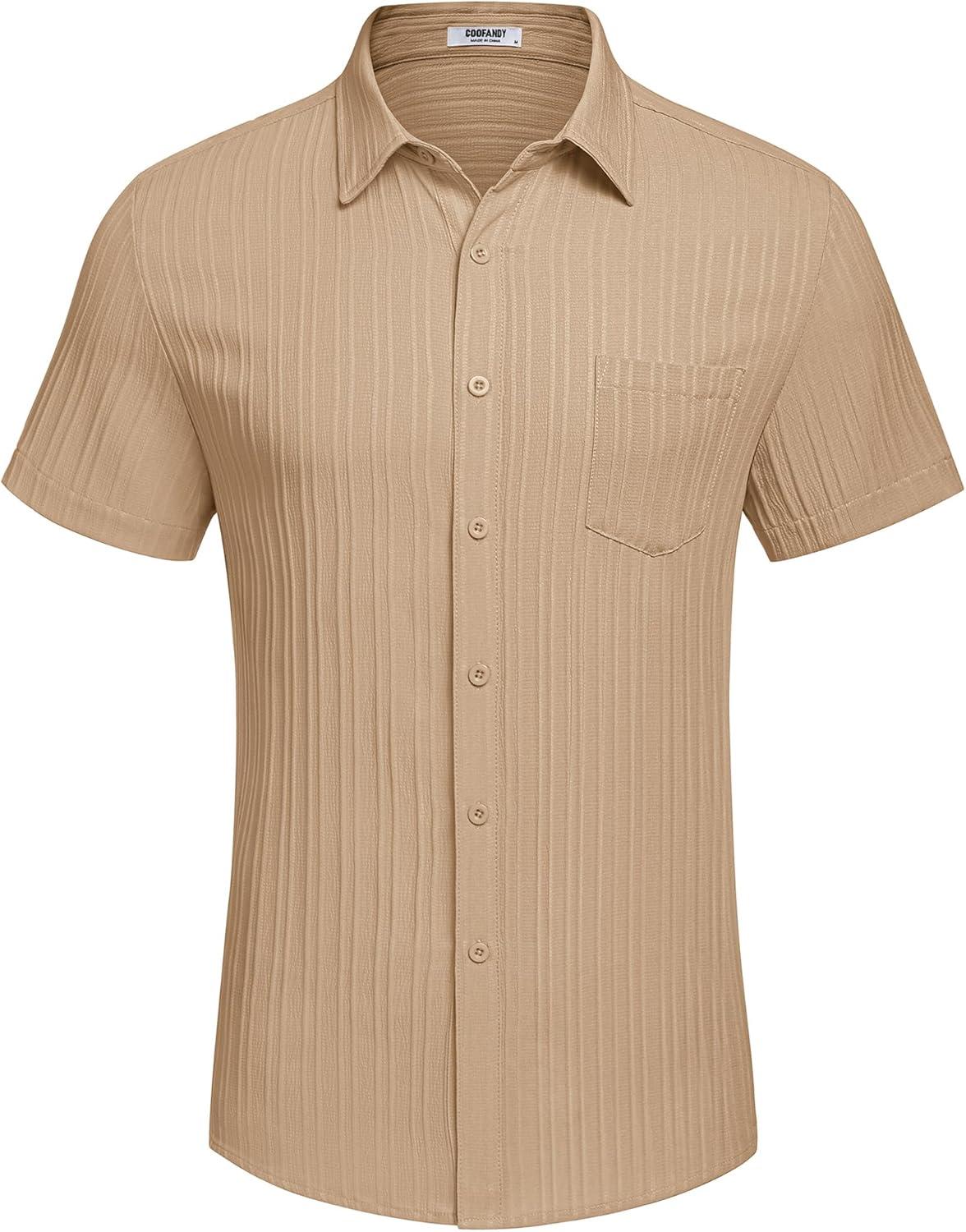 imageCOOFANDY Mens Casual Button Down Shirts Short Sleeve Textured Summer Beach Shirt with PocketKhaki