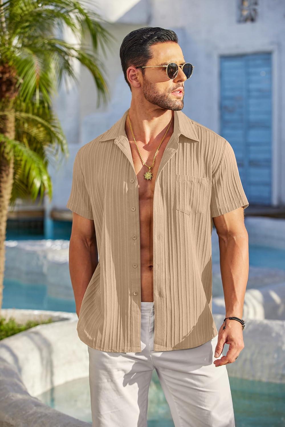 imageCOOFANDY Mens Casual Button Down Shirts Short Sleeve Textured Summer Beach Shirt with PocketKhaki