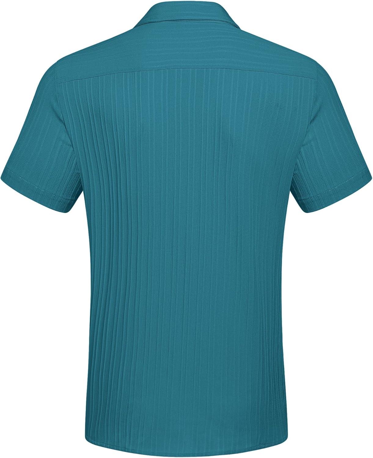 imageCOOFANDY Mens Casual Button Down Shirts Short Sleeve Textured Summer Beach Shirt with PocketLake Blue