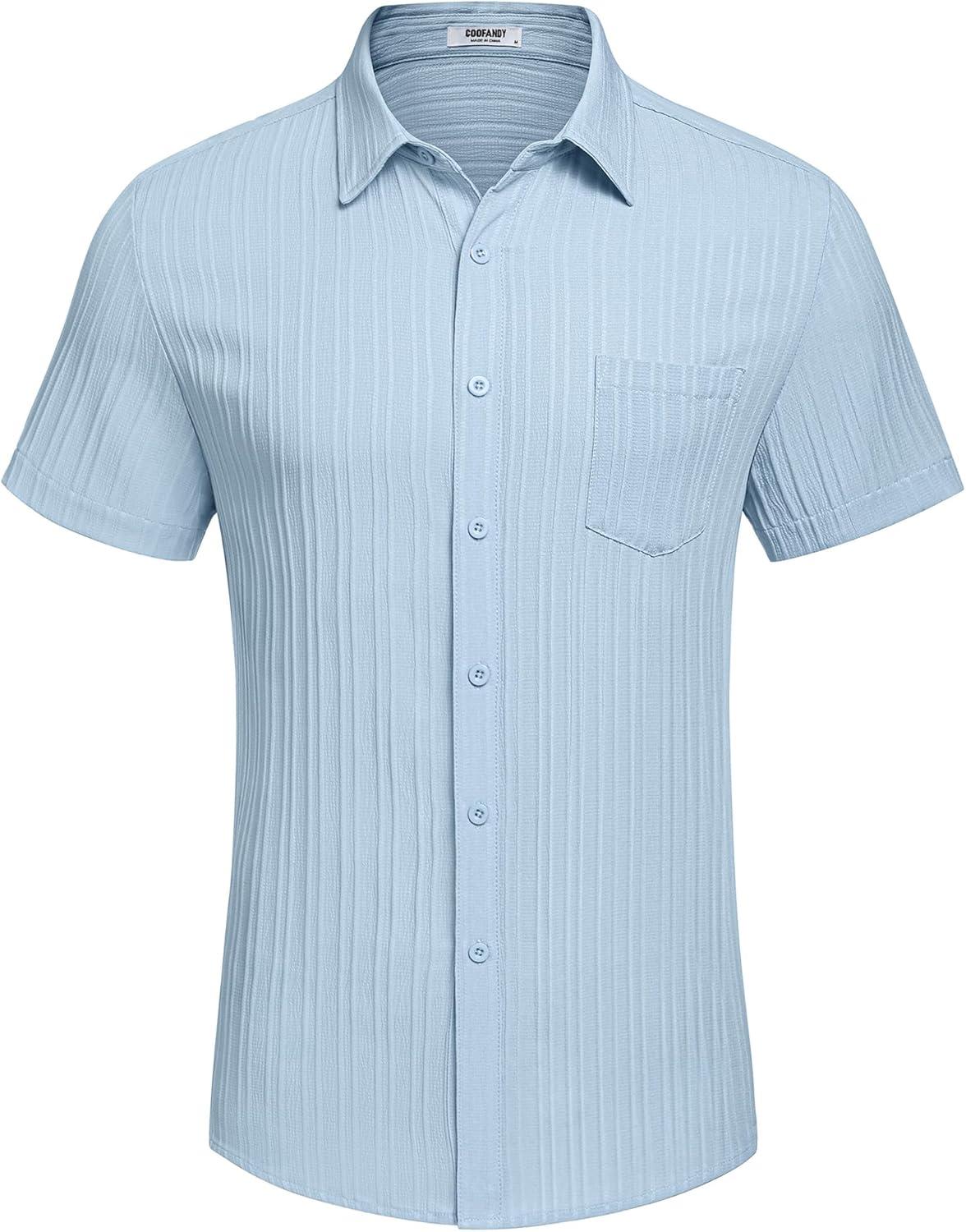 imageCOOFANDY Mens Casual Button Down Shirts Short Sleeve Textured Summer Beach Shirt with PocketLight Blue