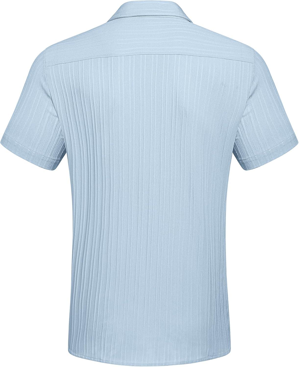imageCOOFANDY Mens Casual Button Down Shirts Short Sleeve Textured Summer Beach Shirt with PocketLight Blue