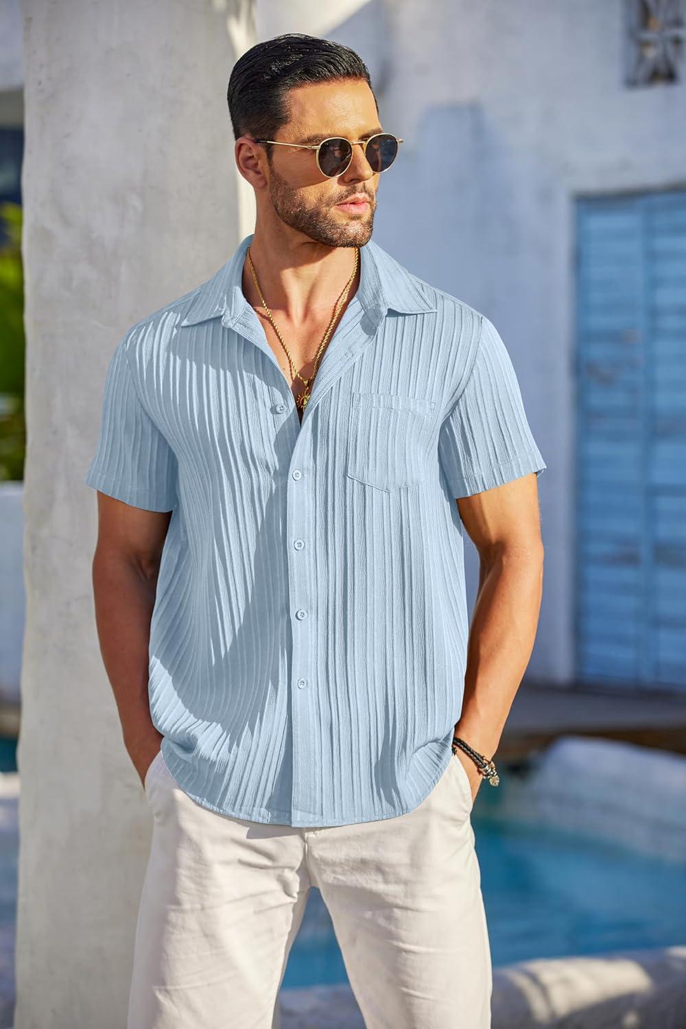 imageCOOFANDY Mens Casual Button Down Shirts Short Sleeve Textured Summer Beach Shirt with PocketLight Blue