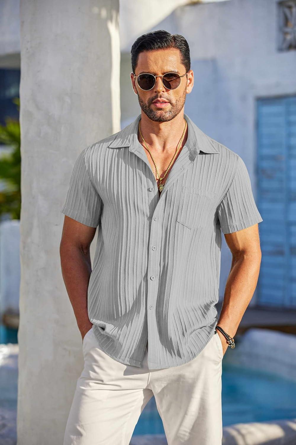 imageCOOFANDY Mens Casual Button Down Shirts Short Sleeve Textured Summer Beach Shirt with PocketLight Grey