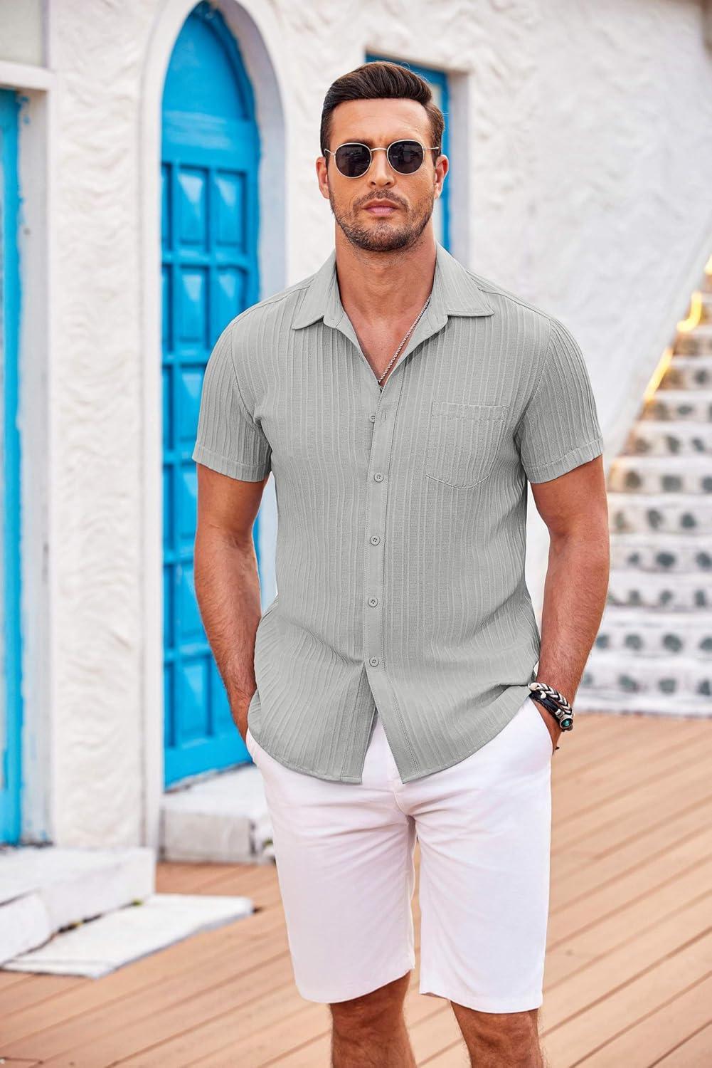 imageCOOFANDY Mens Casual Button Down Shirts Short Sleeve Textured Summer Beach Shirt with PocketLight Grey