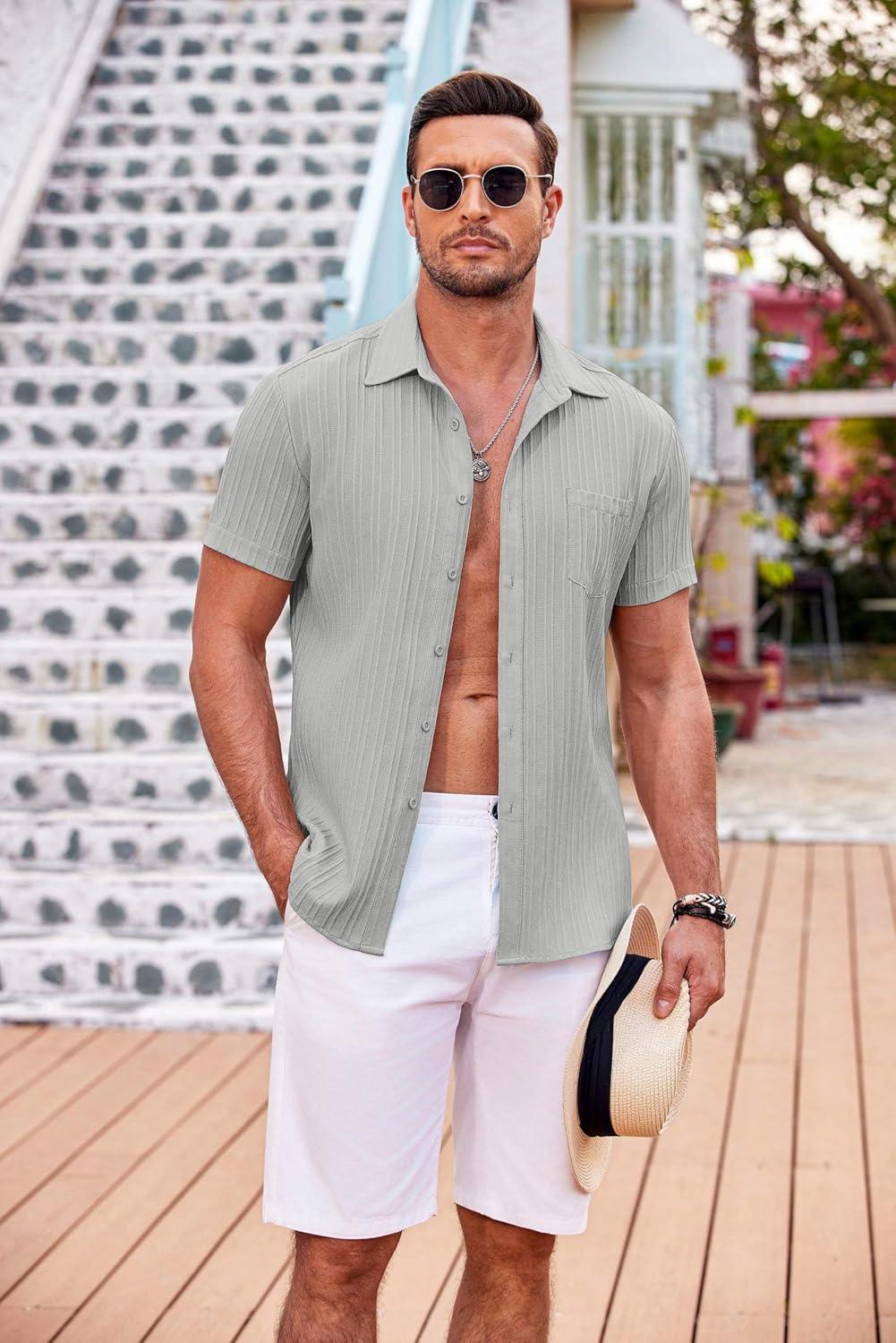 imageCOOFANDY Mens Casual Button Down Shirts Short Sleeve Textured Summer Beach Shirt with PocketLight Grey
