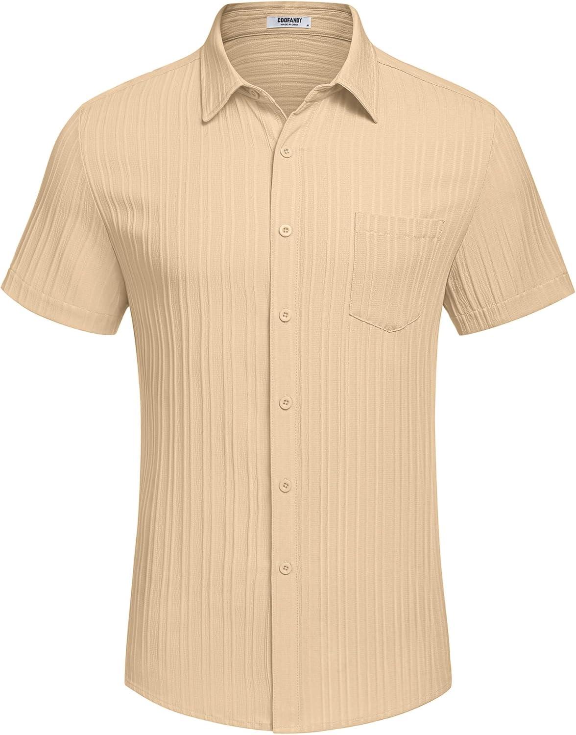 imageCOOFANDY Mens Casual Button Down Shirts Short Sleeve Textured Summer Beach Shirt with PocketLight Khaki