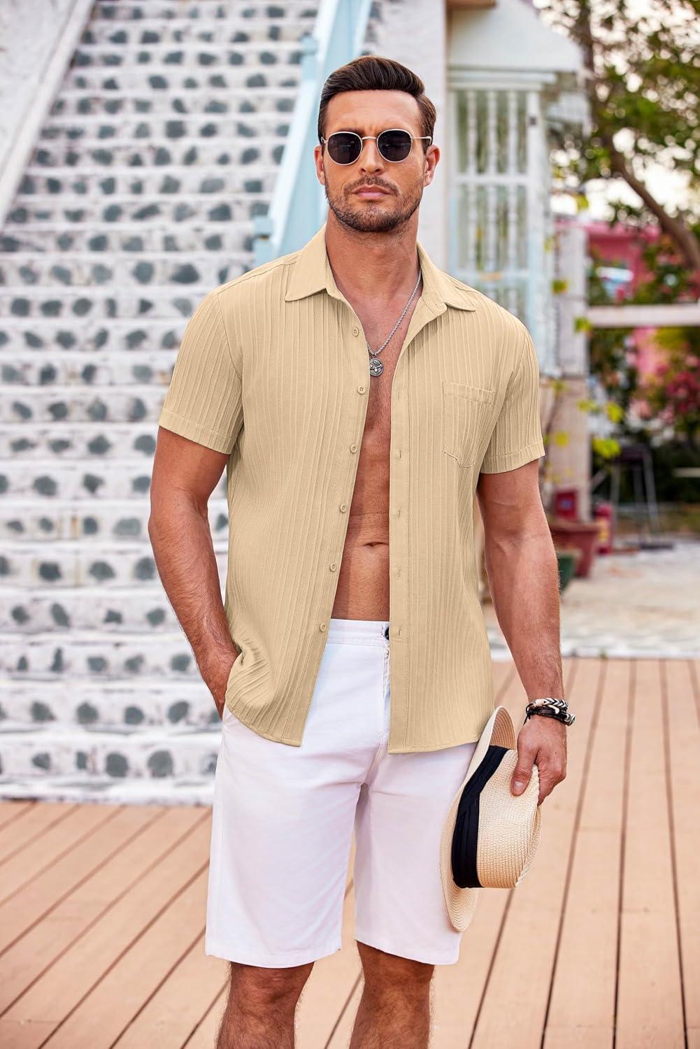 imageCOOFANDY Mens Casual Button Down Shirts Short Sleeve Textured Summer Beach Shirt with PocketLight Khaki