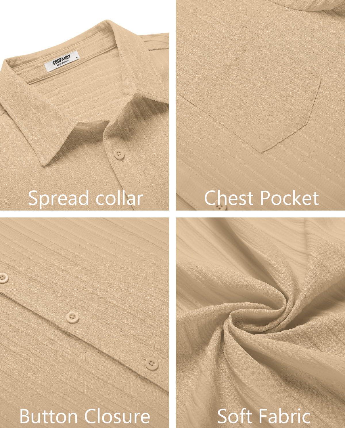 imageCOOFANDY Mens Casual Button Down Shirts Short Sleeve Textured Summer Beach Shirt with PocketLight Khaki