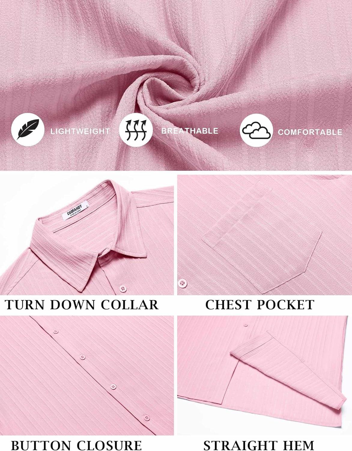 imageCOOFANDY Mens Casual Button Down Shirts Short Sleeve Textured Summer Beach Shirt with PocketLight Pink