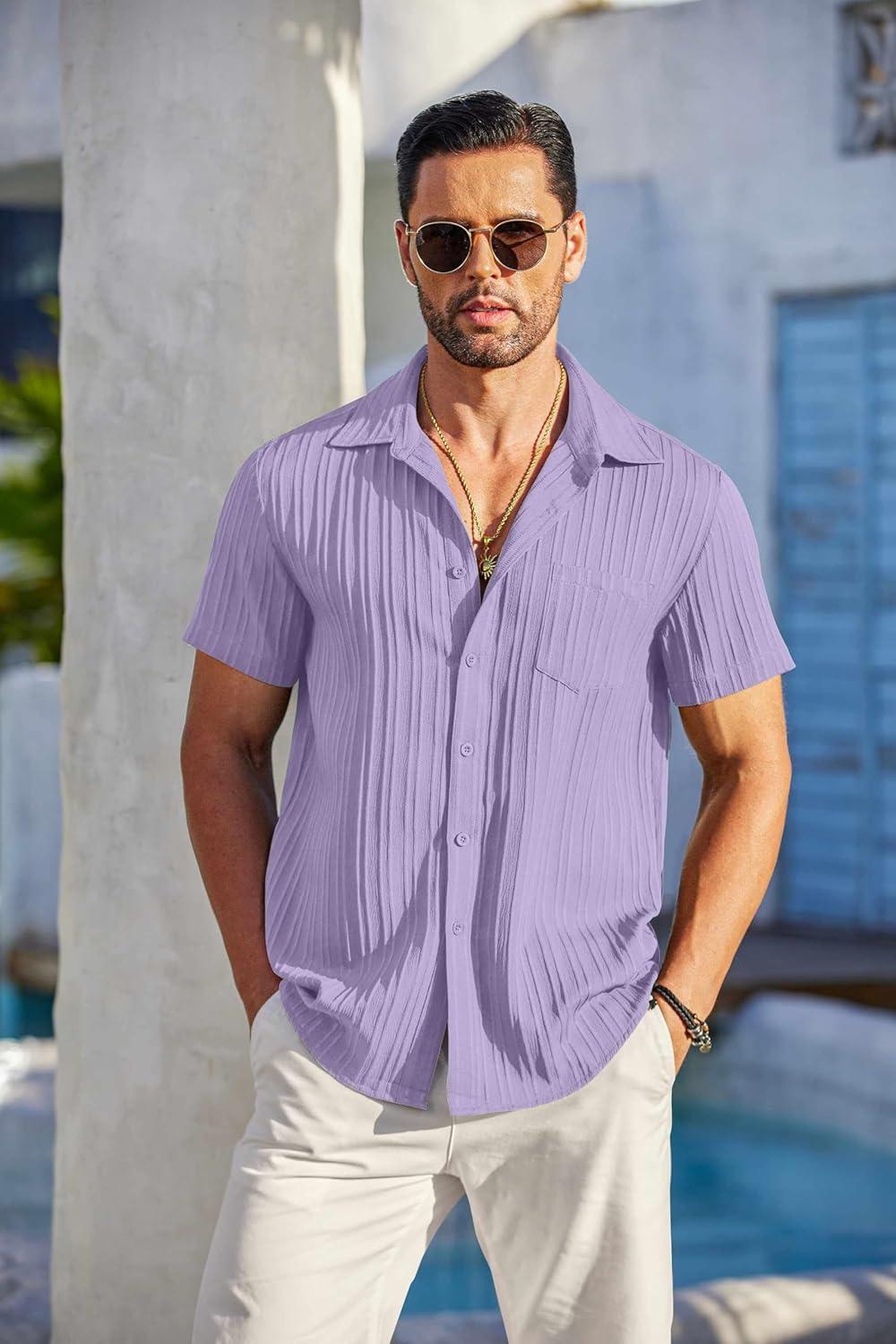imageCOOFANDY Mens Casual Button Down Shirts Short Sleeve Textured Summer Beach Shirt with PocketLight Purple