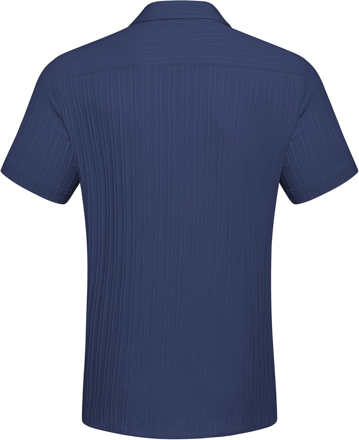 imageCOOFANDY Mens Casual Button Down Shirts Short Sleeve Textured Summer Beach Shirt with PocketNavy Blue