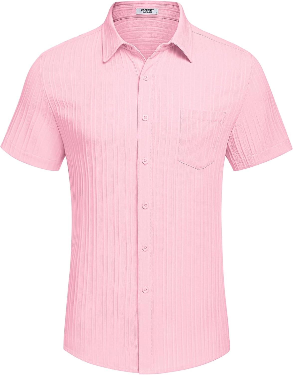 imageCOOFANDY Mens Casual Button Down Shirts Short Sleeve Textured Summer Beach Shirt with PocketPink