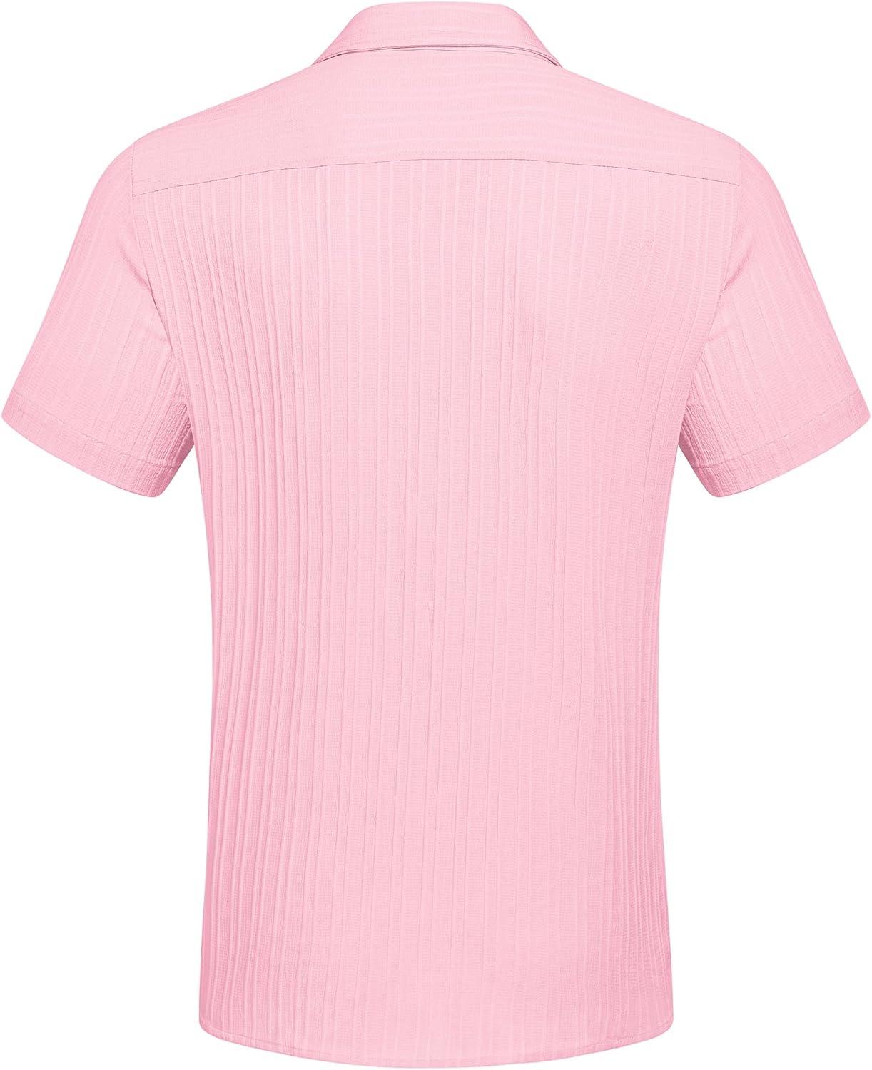 imageCOOFANDY Mens Casual Button Down Shirts Short Sleeve Textured Summer Beach Shirt with PocketPink