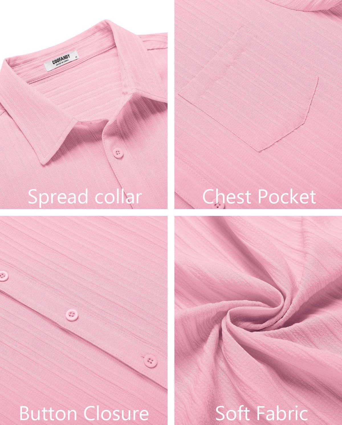 imageCOOFANDY Mens Casual Button Down Shirts Short Sleeve Textured Summer Beach Shirt with PocketPink
