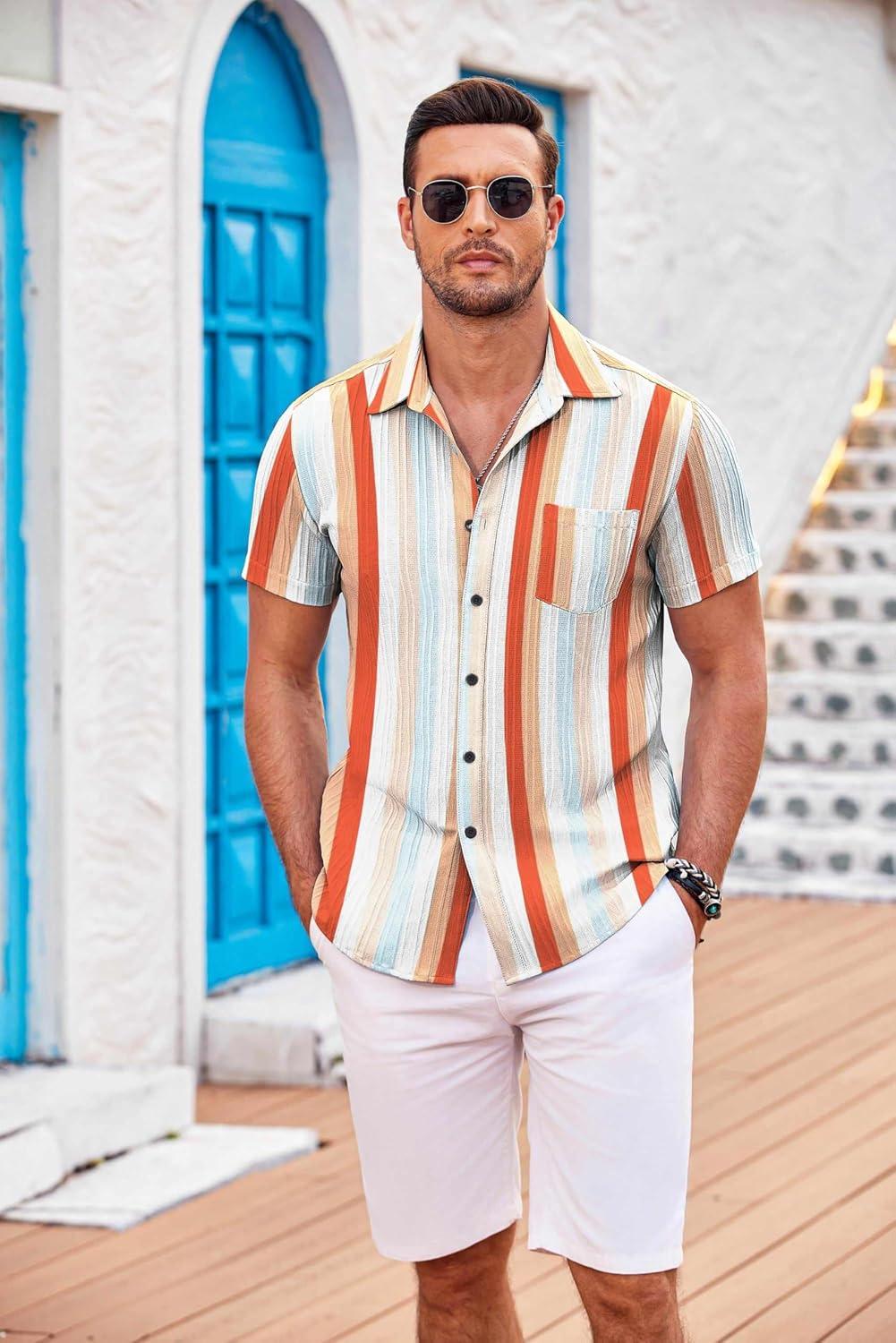 imageCOOFANDY Mens Casual Button Down Shirts Short Sleeve Textured Summer Beach Shirt with PocketRainbow Stripes