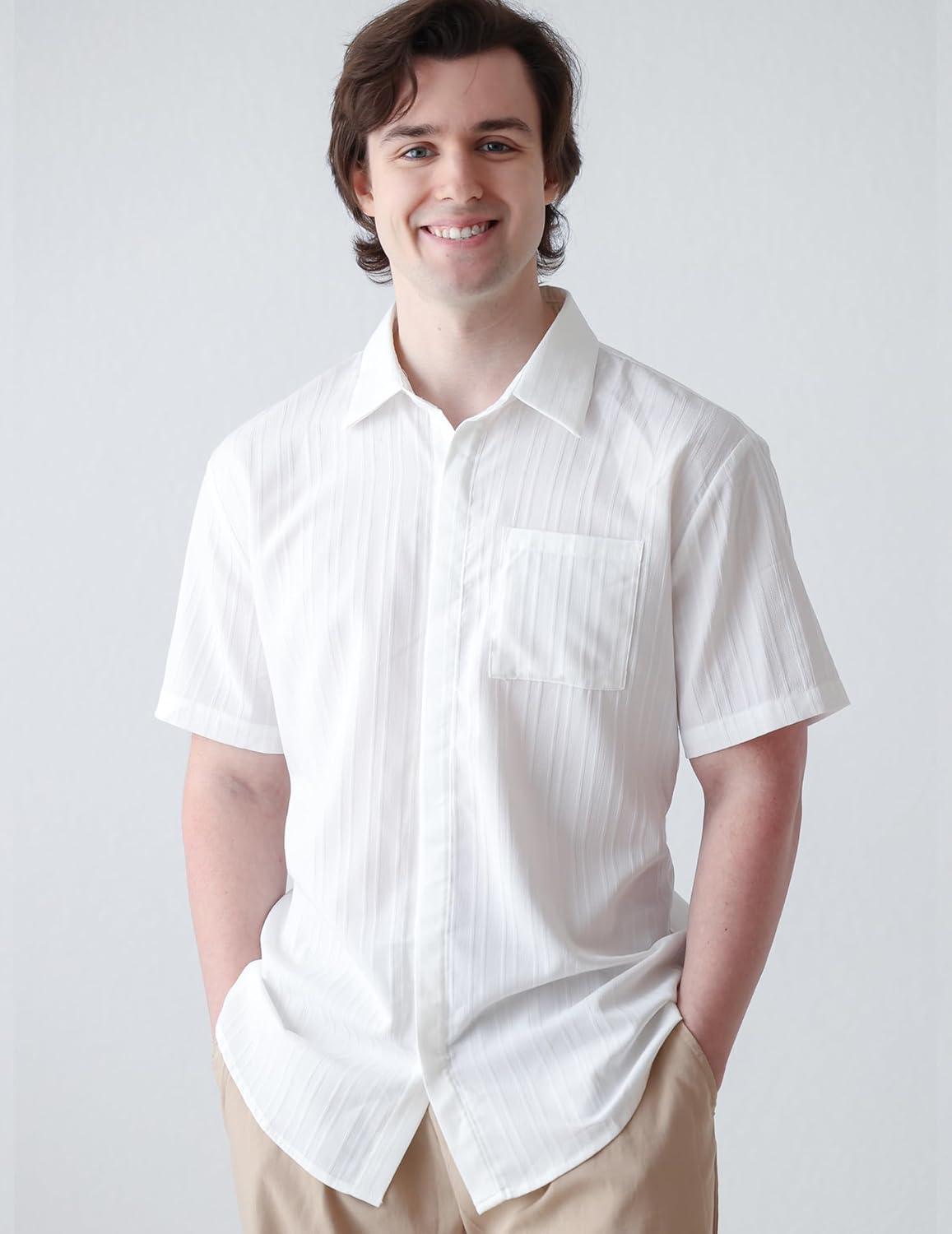 imageCOOFANDY Mens Casual Button Down Shirts Short Sleeve Textured Summer Beach Shirt with PocketWhite