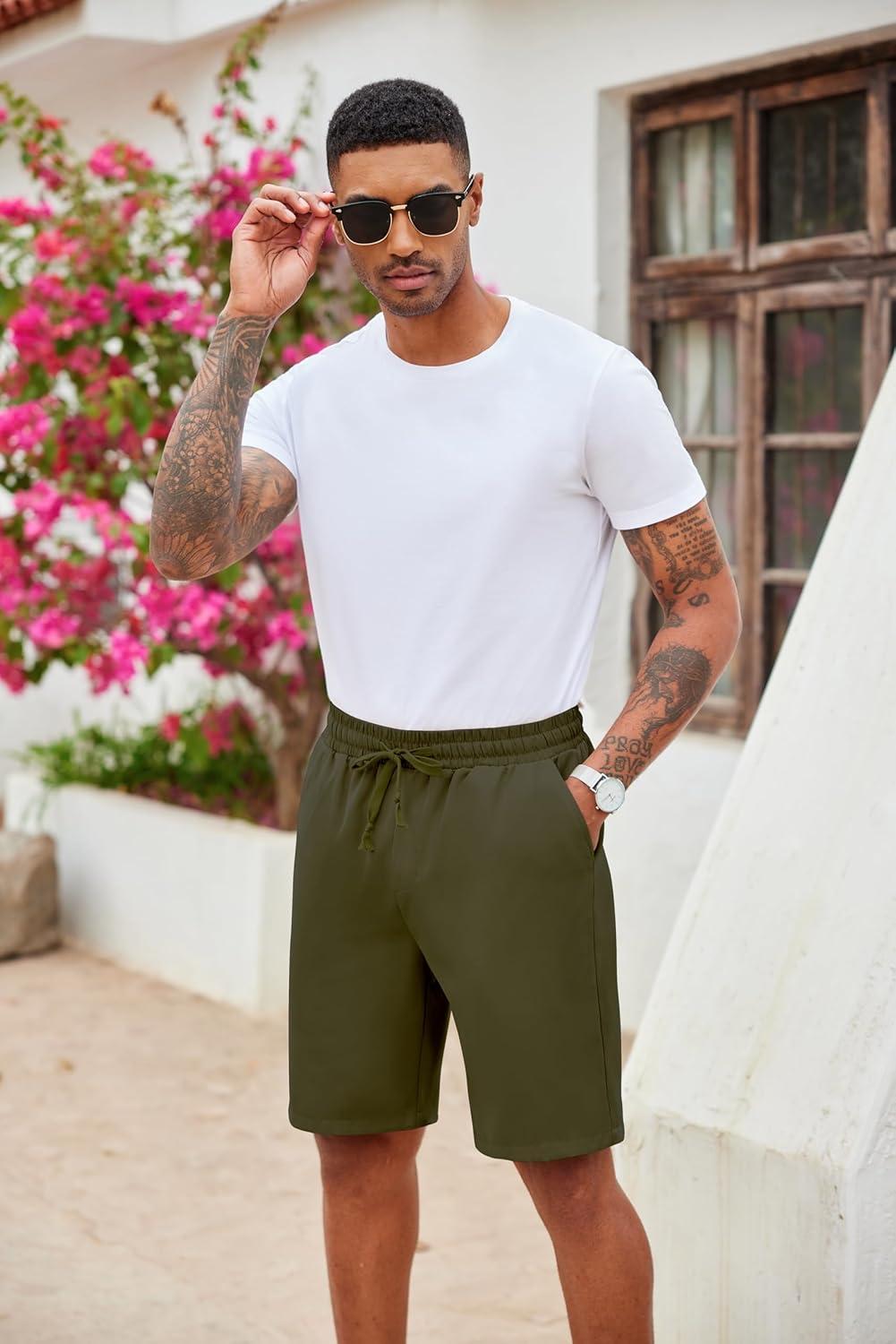 imageCOOFANDY Mens Casual Drawstring Shorts Lightweight Elastic Waist Walking Shorts with PocketsArmy Green