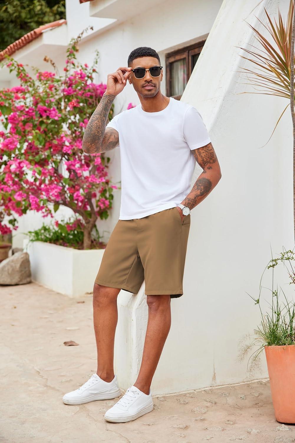 imageCOOFANDY Mens Casual Drawstring Shorts Lightweight Elastic Waist Walking Shorts with PocketsDark Khaki