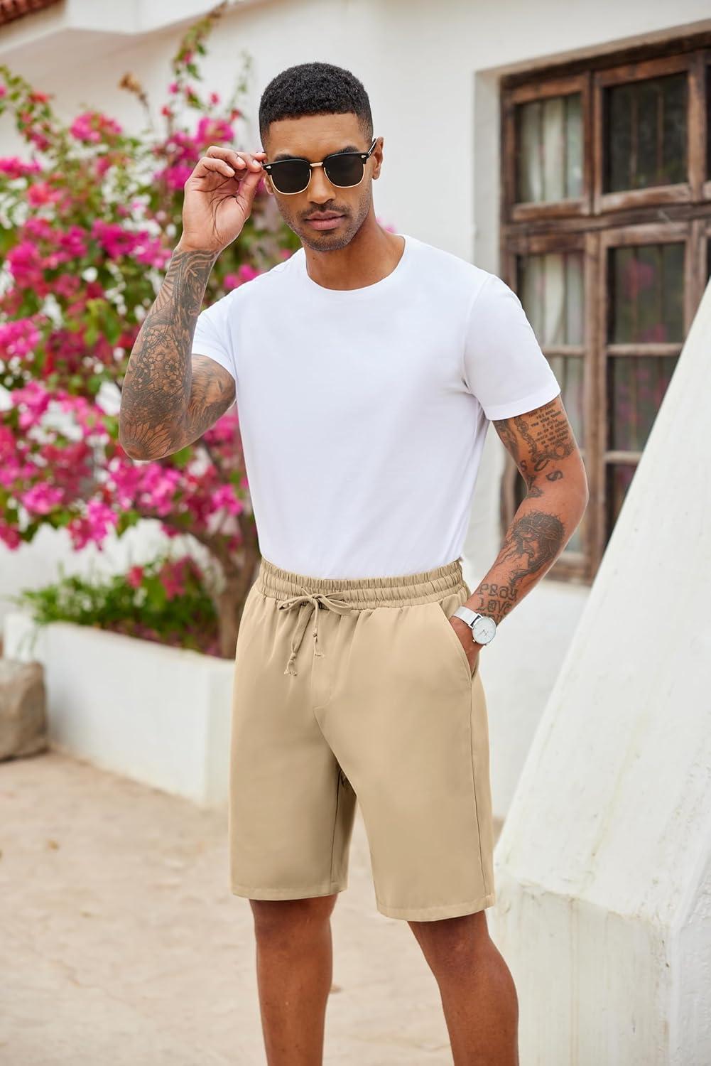 imageCOOFANDY Mens Casual Drawstring Shorts Lightweight Elastic Waist Walking Shorts with PocketsLight Khaki