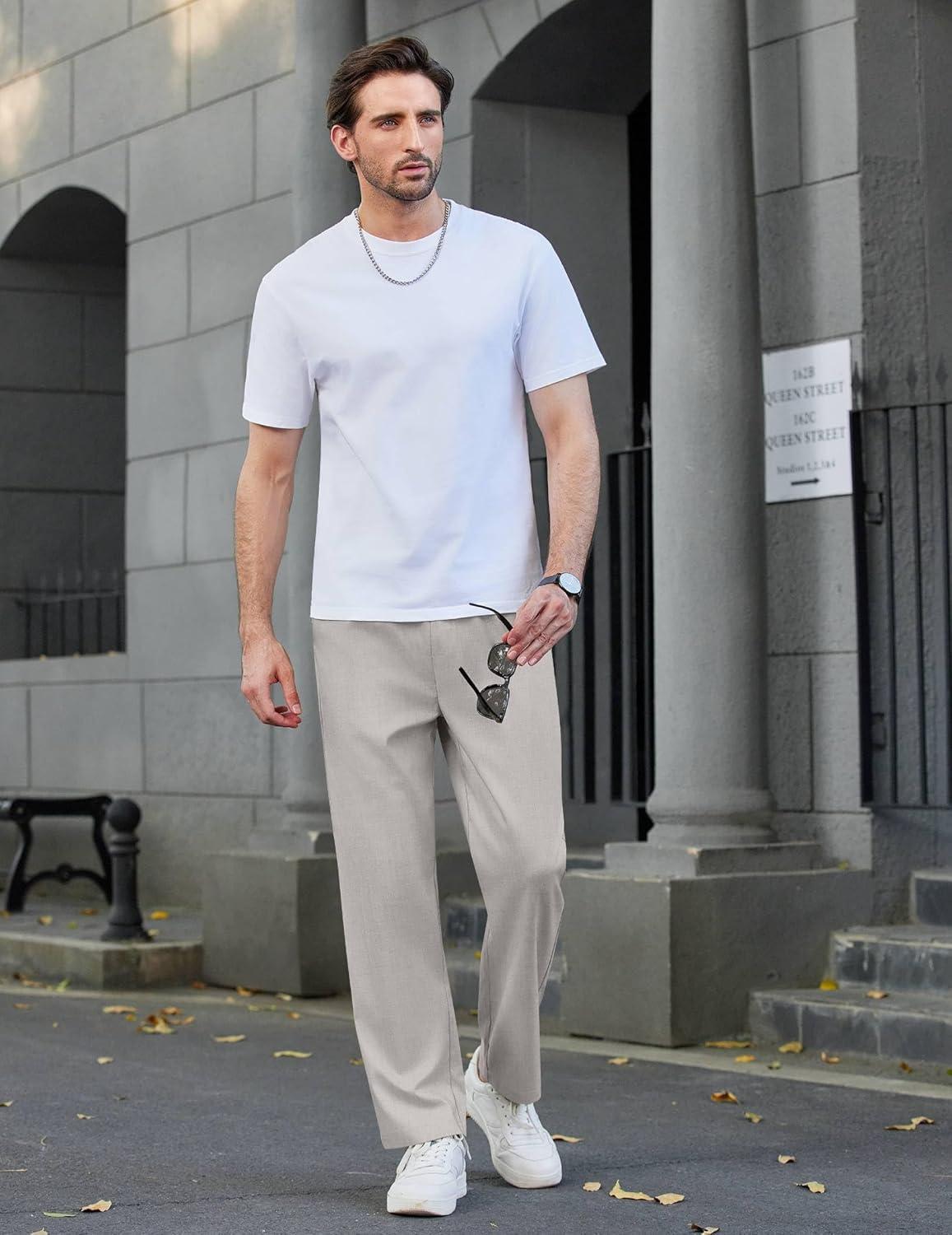 imageCOOFANDY Mens Casual Elastic Waist Pants Drawstring Summer Beach Pant Lightweight Stretch Linen TrouserLight Grey