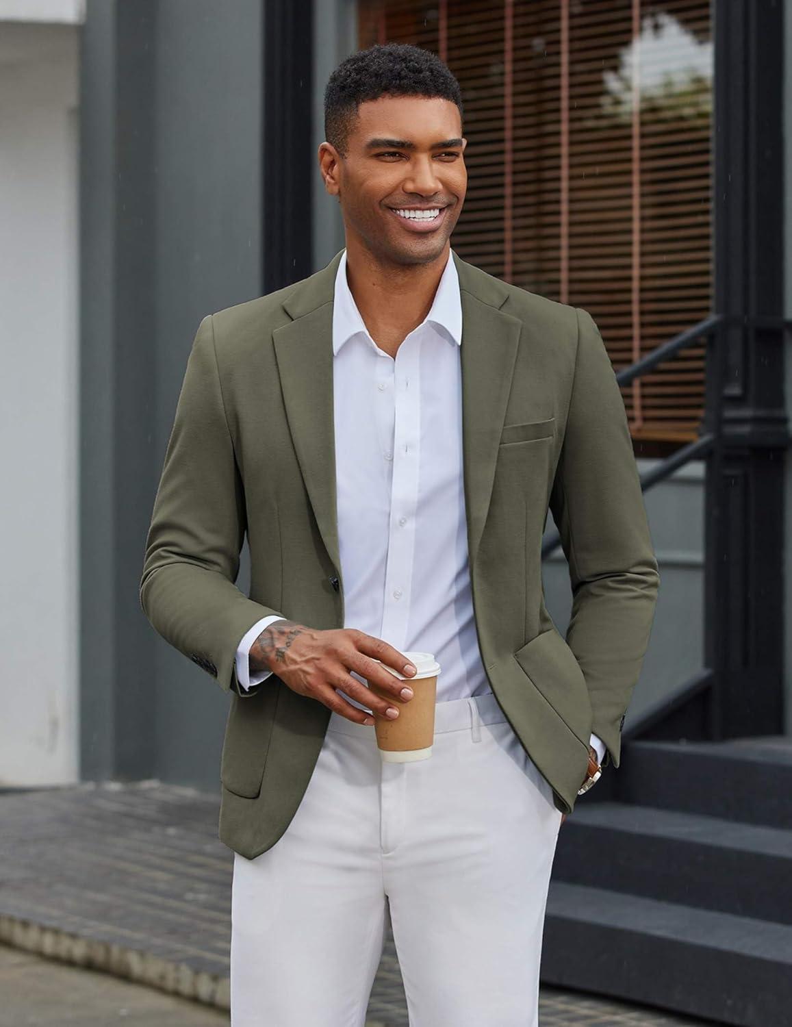 imageCOOFANDY Mens Casual Knit Blazer Slim Fit Lightweight Sport Coat Stretch Two Button Suit JacketArmy Green