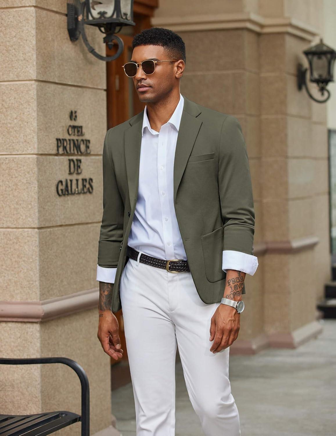 imageCOOFANDY Mens Casual Knit Blazer Slim Fit Lightweight Sport Coat Stretch Two Button Suit JacketArmy Green