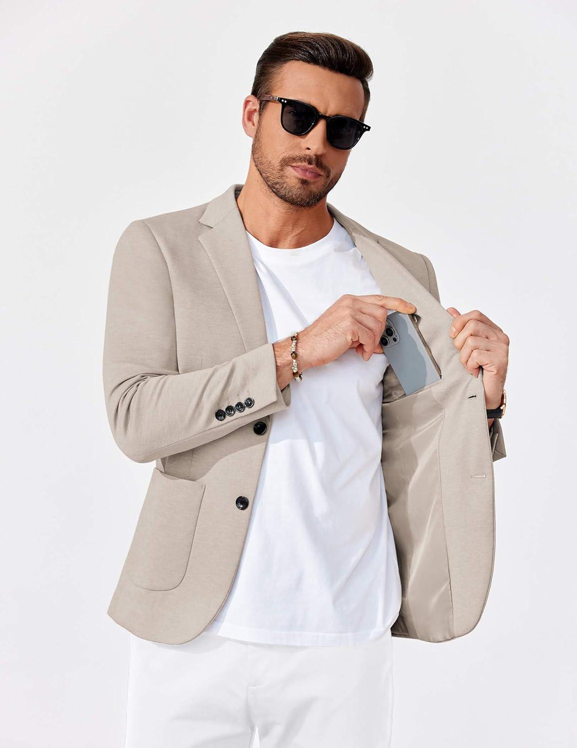 imageCOOFANDY Mens Casual Knit Blazer Slim Fit Lightweight Sport Coat Stretch Two Button Suit JacketKhaki