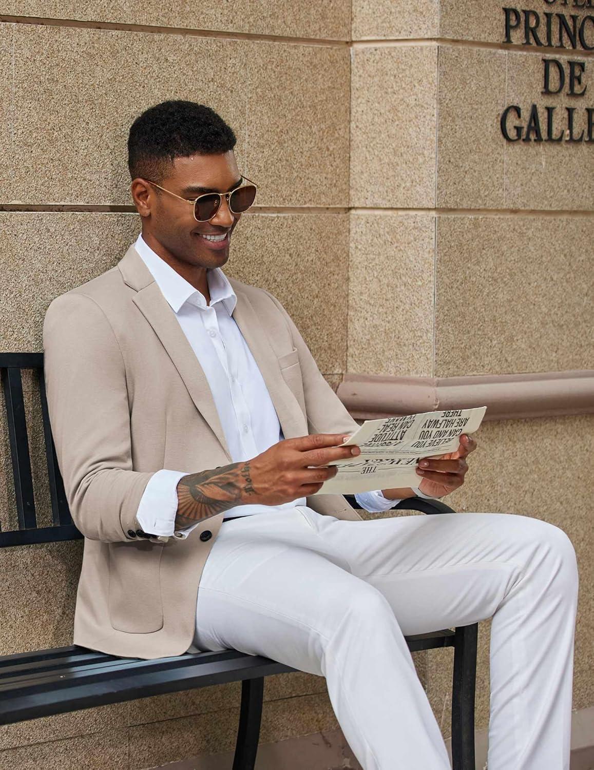 imageCOOFANDY Mens Casual Knit Blazer Slim Fit Lightweight Sport Coat Stretch Two Button Suit JacketKhaki