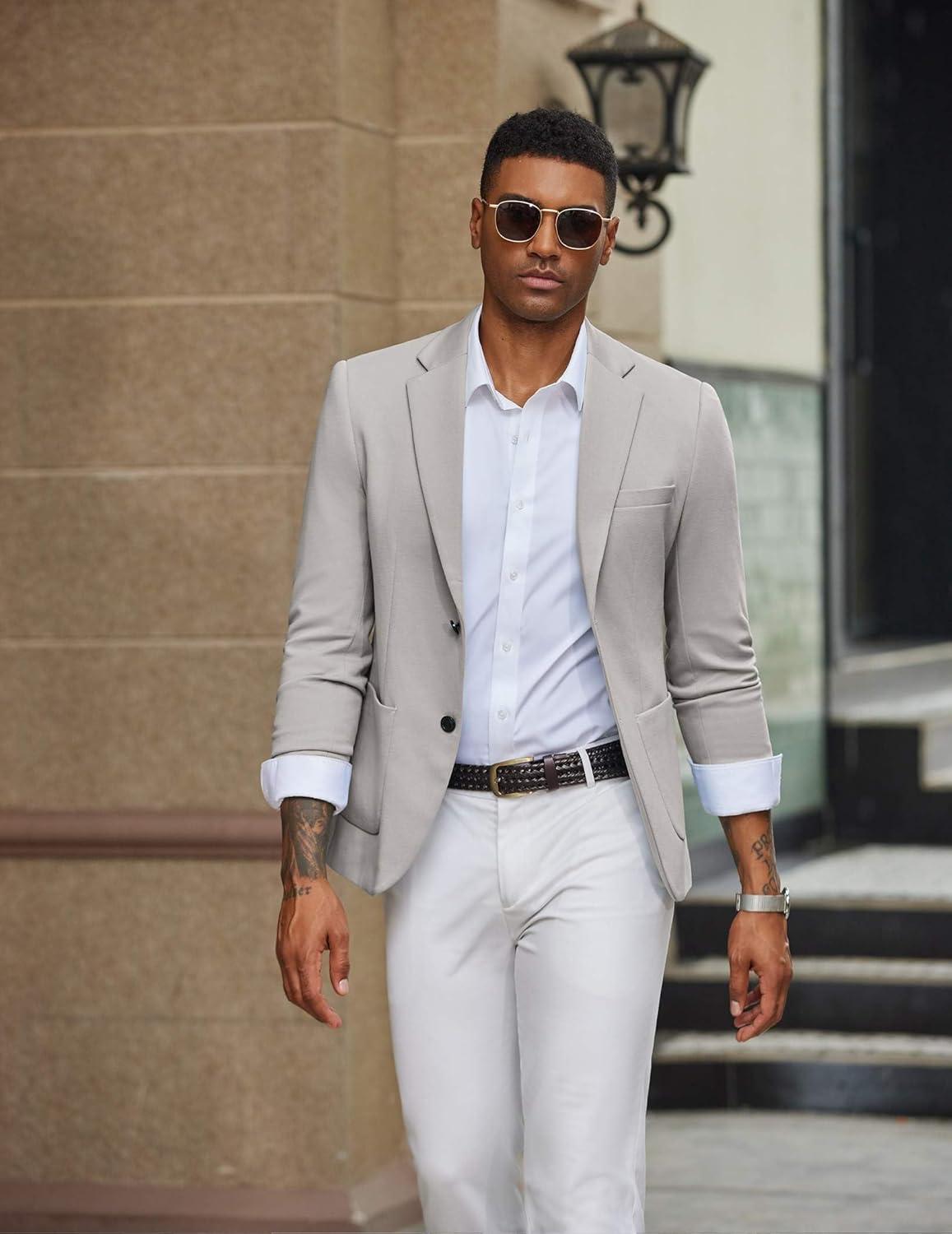 imageCOOFANDY Mens Casual Knit Blazer Slim Fit Lightweight Sport Coat Stretch Two Button Suit JacketLight Grey