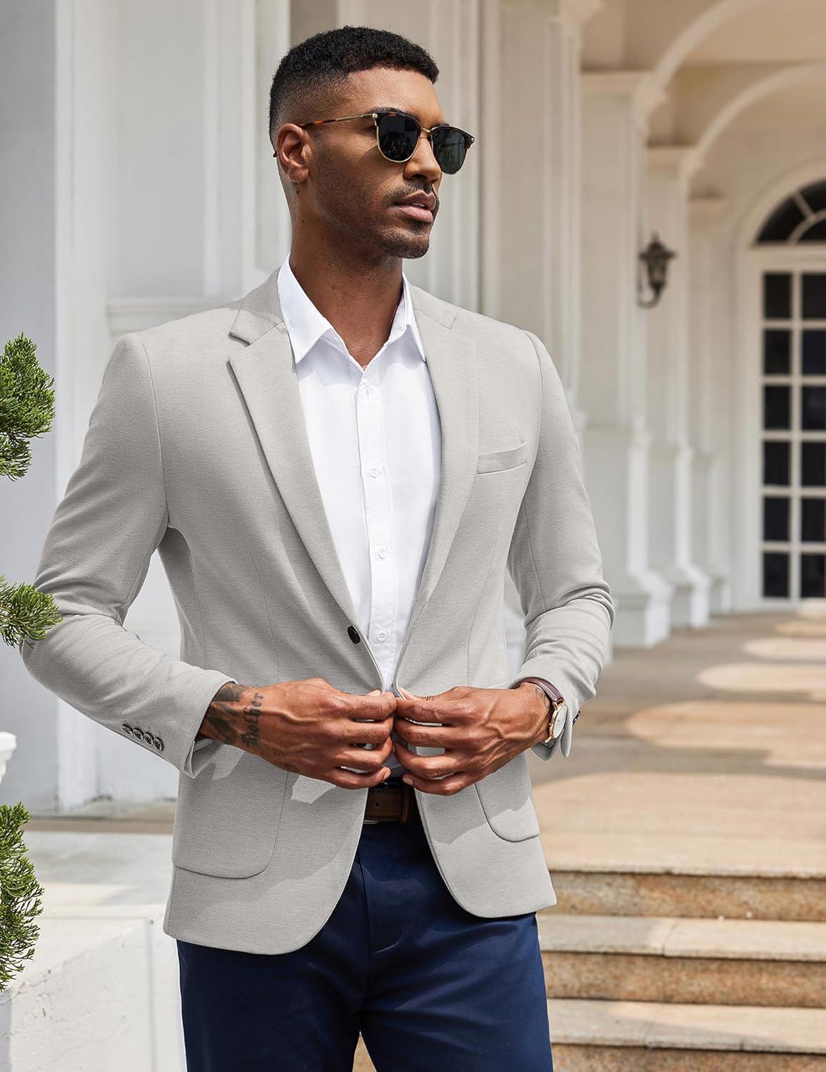 imageCOOFANDY Mens Casual Knit Blazer Slim Fit Lightweight Sport Coat Stretch Two Button Suit JacketLight Grey