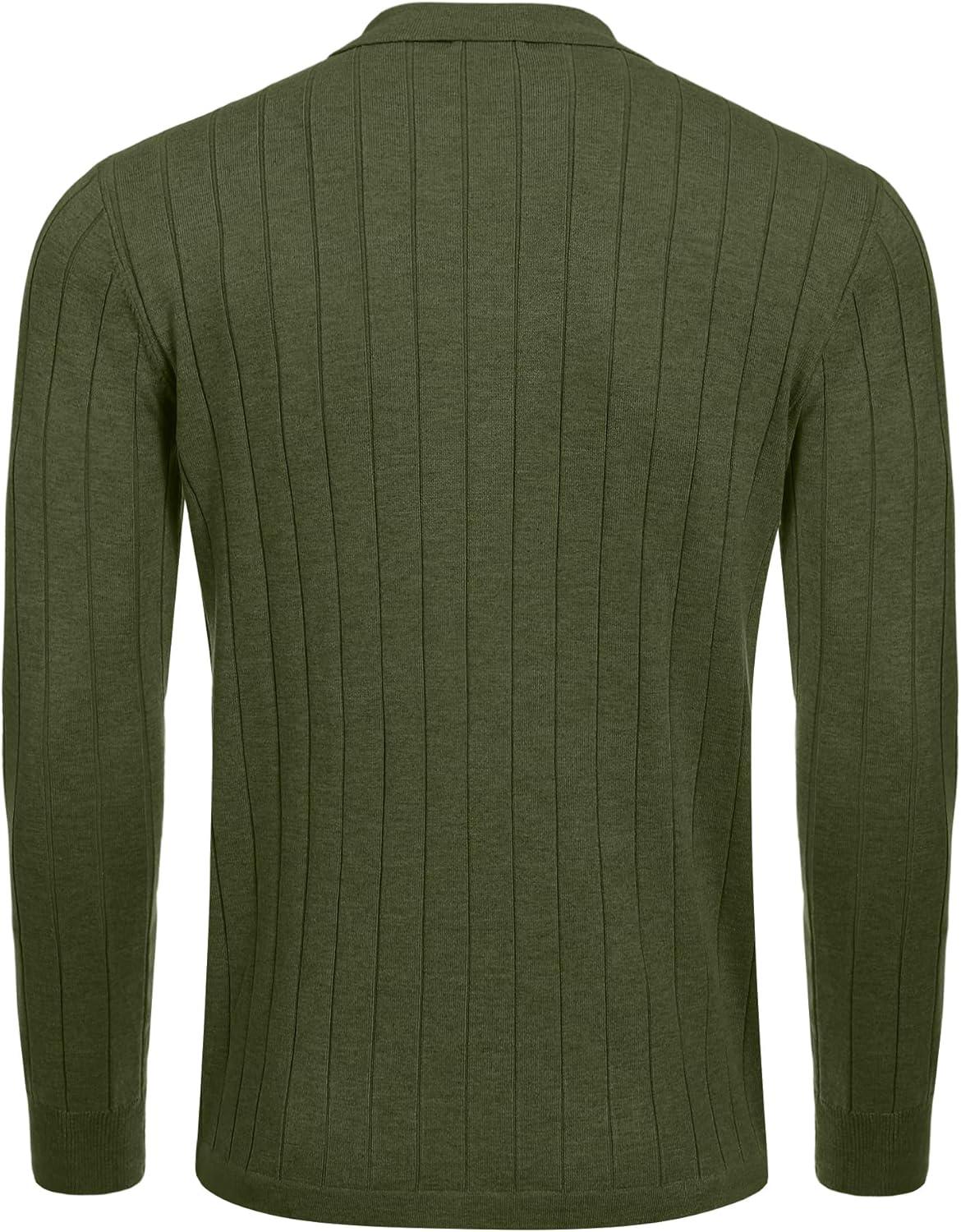 imageCOOFANDY Mens Casual Knit Polo Shirts Long Sleeve Button Down Sweater Polo Ribbed Cardigan Sweater with PocketArmy Green