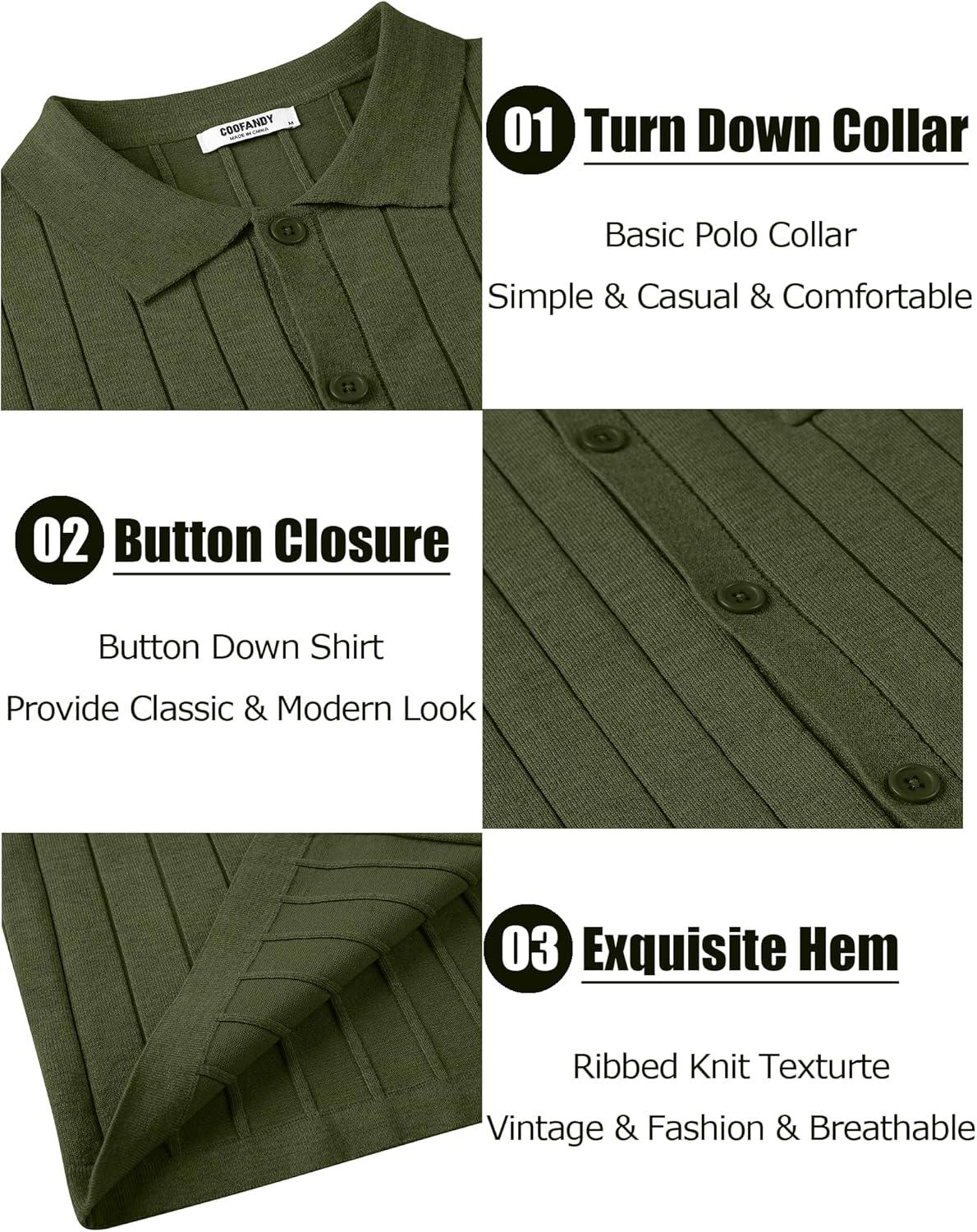 imageCOOFANDY Mens Casual Knit Polo Shirts Long Sleeve Button Down Sweater Polo Ribbed Cardigan Sweater with PocketArmy Green