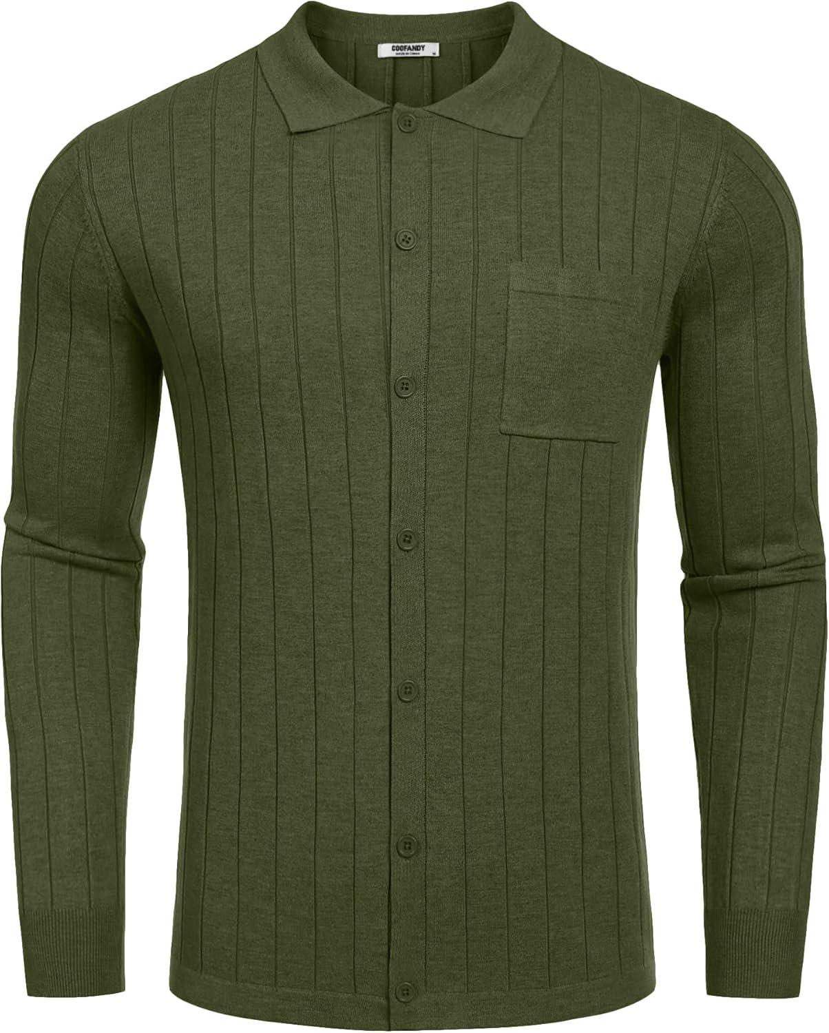 imageCOOFANDY Mens Casual Knit Polo Shirts Long Sleeve Button Down Sweater Polo Ribbed Cardigan Sweater with PocketArmy Green
