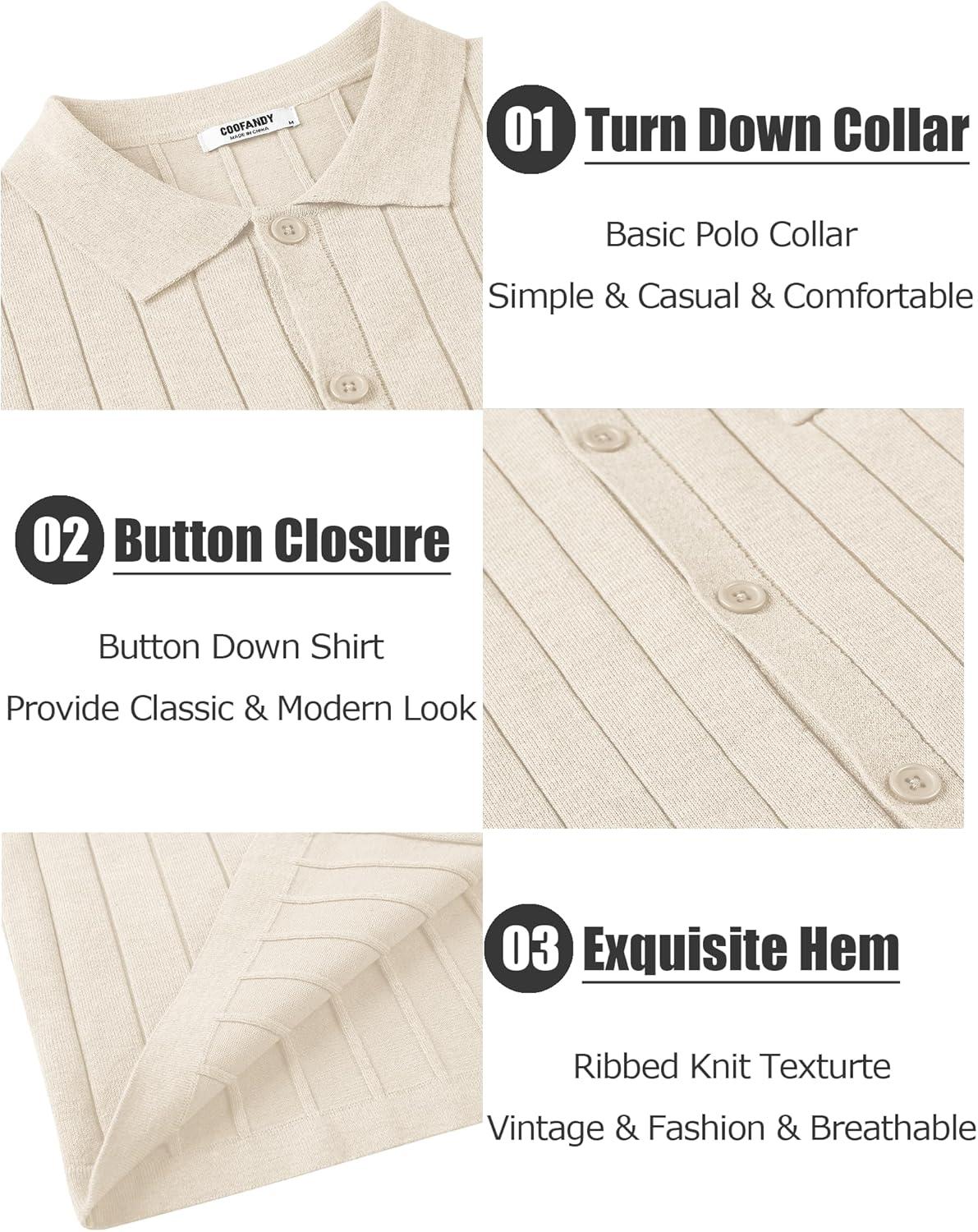 imageCOOFANDY Mens Casual Knit Polo Shirts Long Sleeve Button Down Sweater Polo Ribbed Cardigan Sweater with PocketBeige