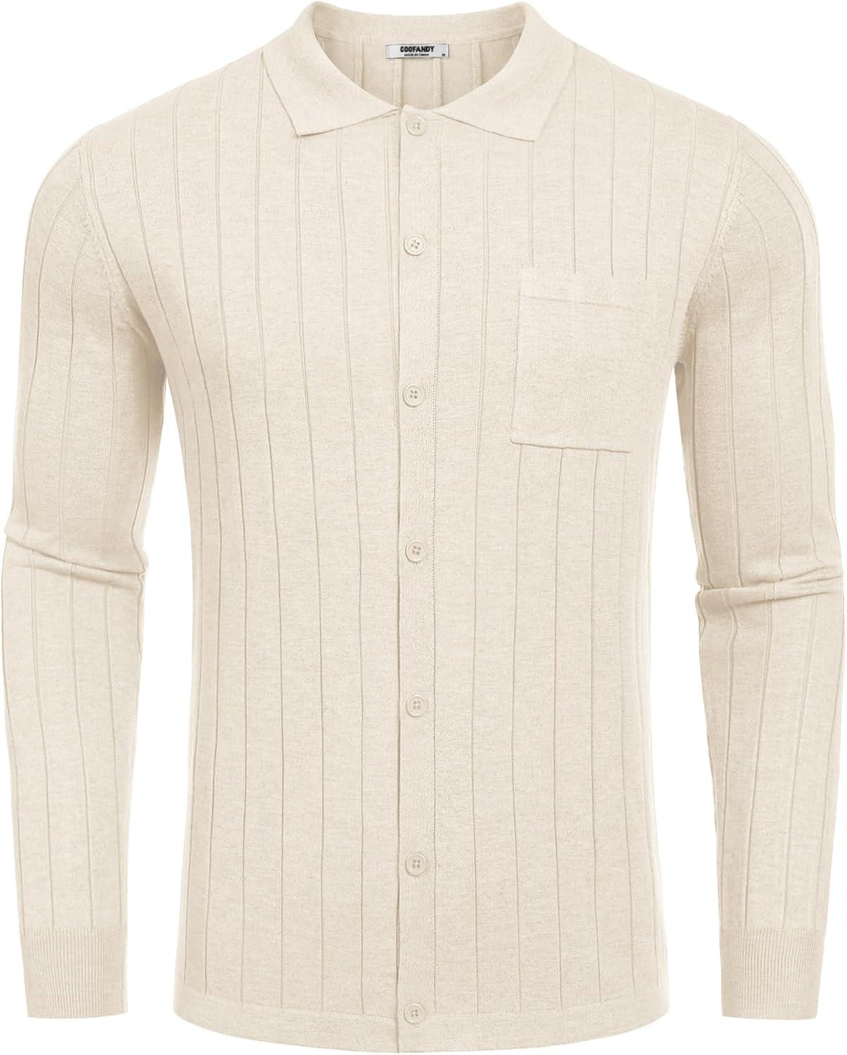 imageCOOFANDY Mens Casual Knit Polo Shirts Long Sleeve Button Down Sweater Polo Ribbed Cardigan Sweater with PocketBeige