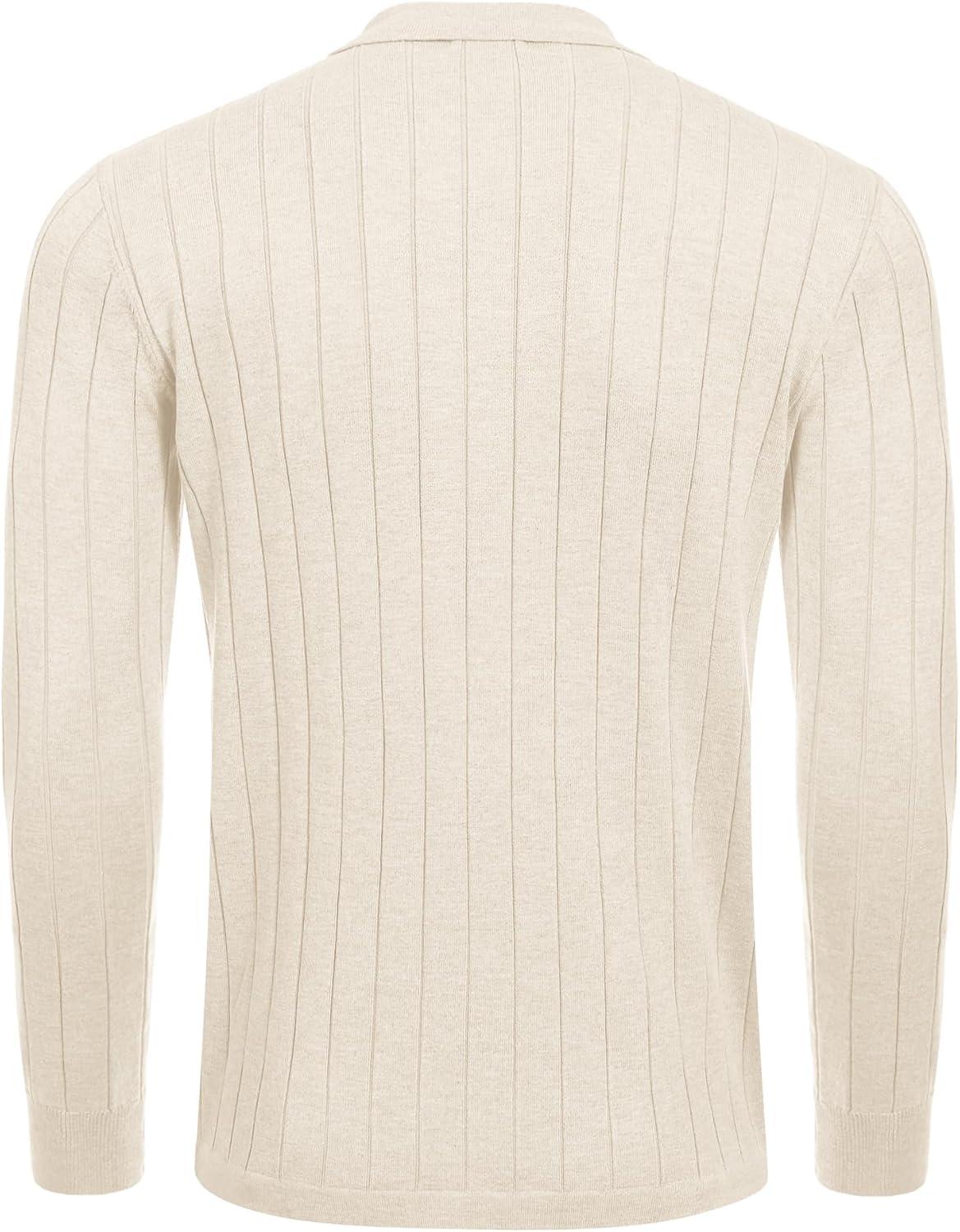 imageCOOFANDY Mens Casual Knit Polo Shirts Long Sleeve Button Down Sweater Polo Ribbed Cardigan Sweater with PocketBeige