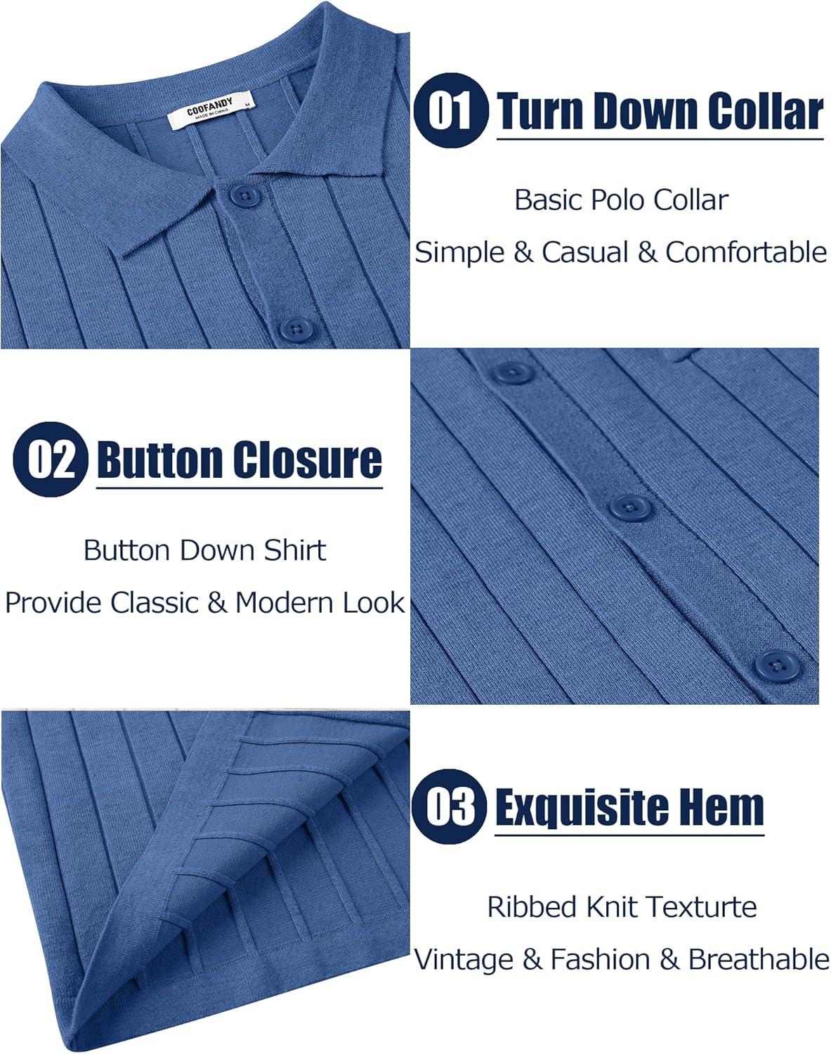 imageCOOFANDY Mens Casual Knit Polo Shirts Long Sleeve Button Down Sweater Polo Ribbed Cardigan Sweater with PocketBlue